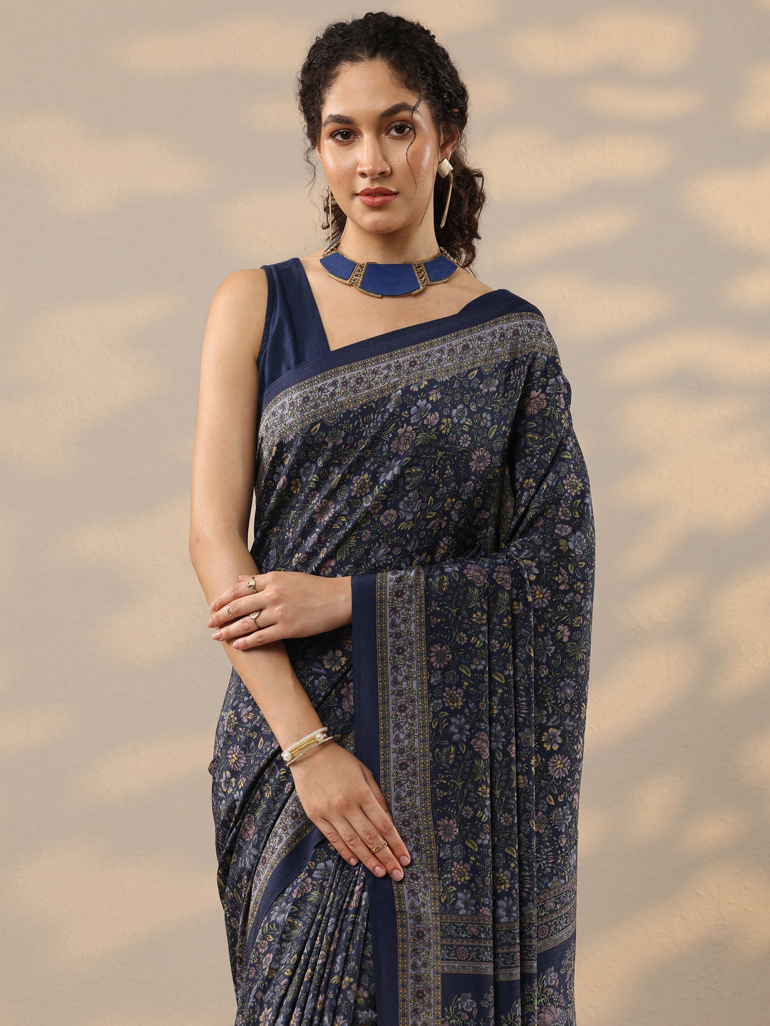  Navy Blue Printed Silk Blend Saree With Unstitched Blouse Piece 