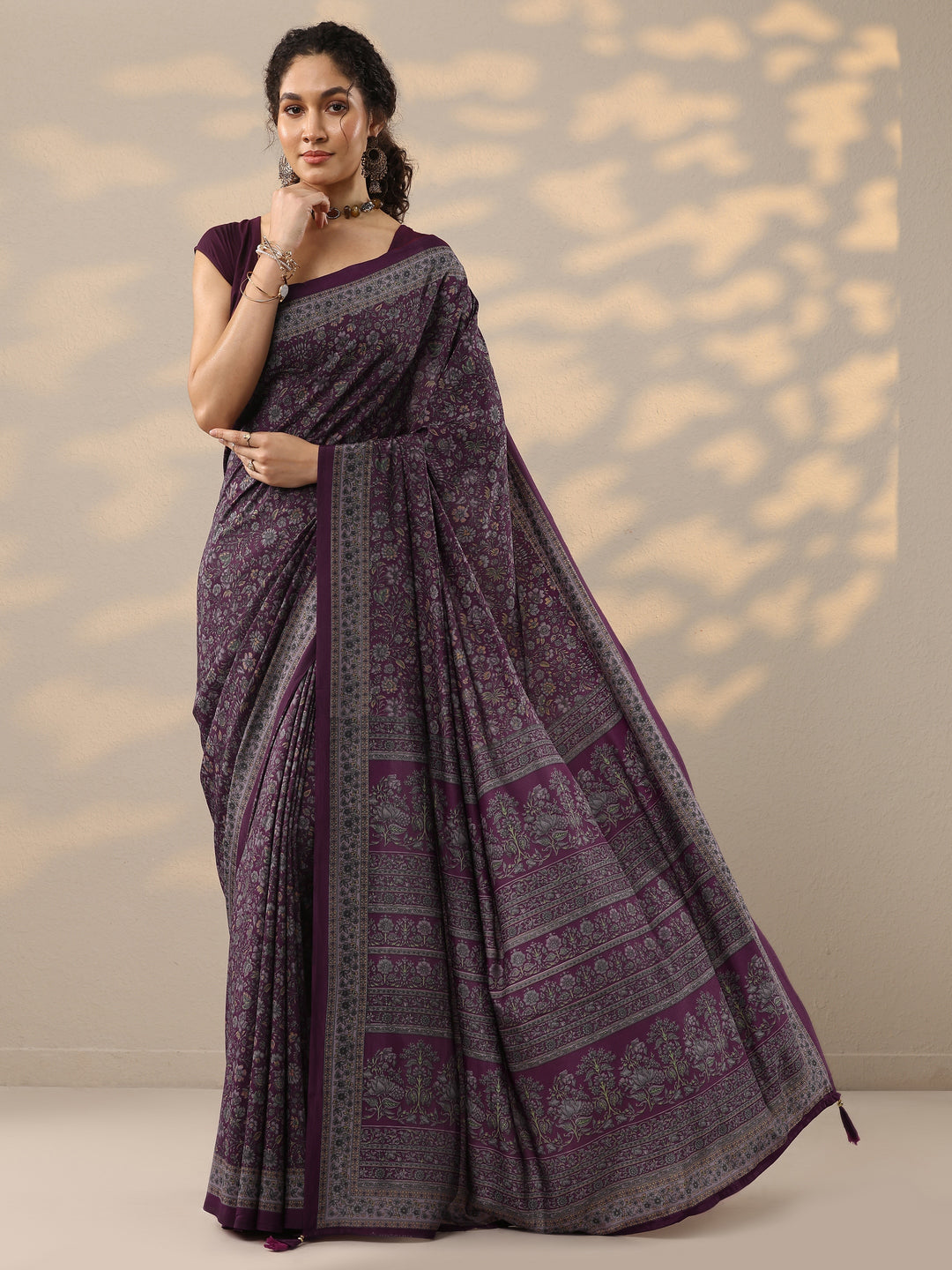  Burgundy  Printed Silk Blend Saree With Unstitched Blouse Piece 