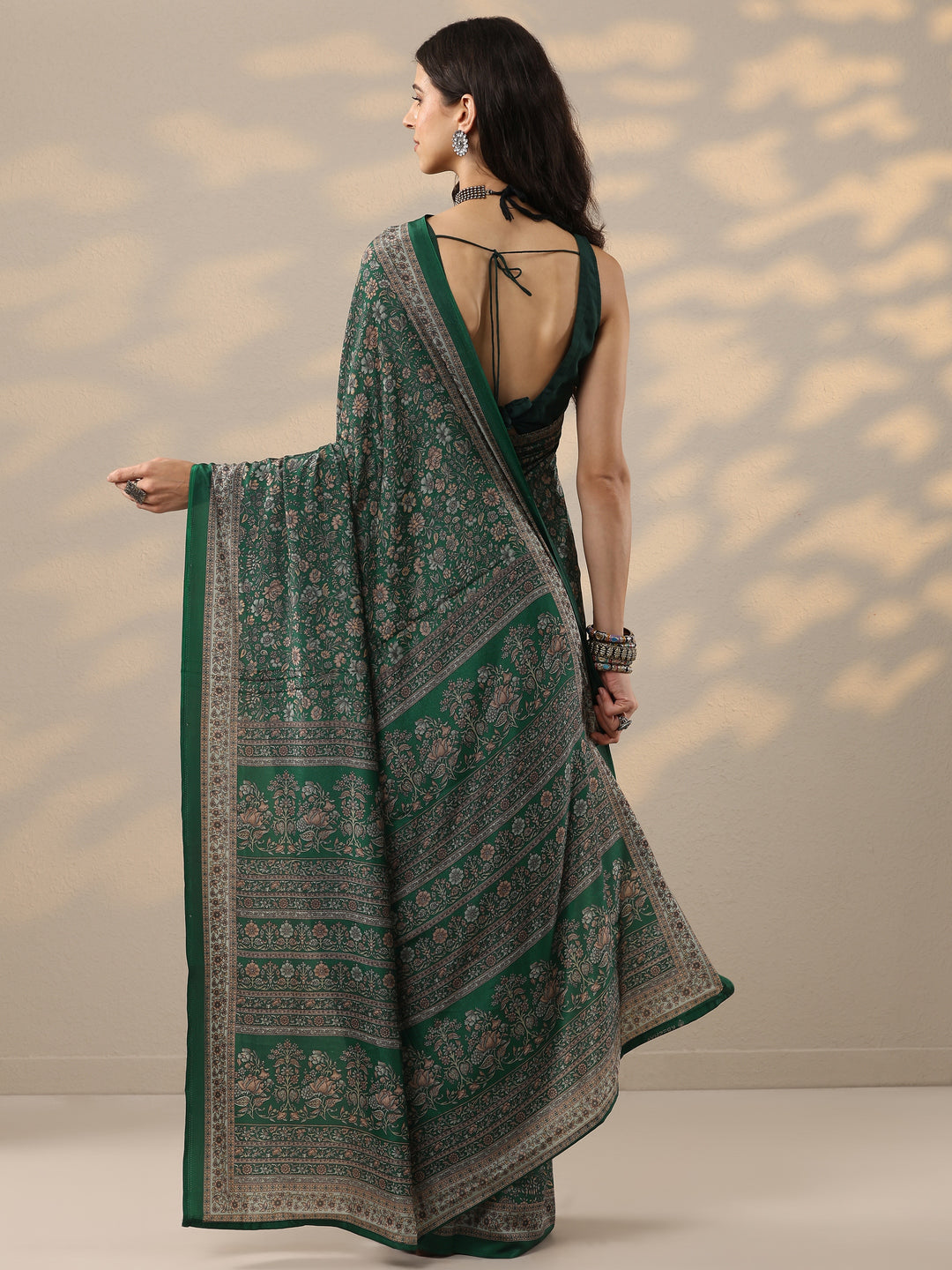  Green Printed Silk Blend Saree With Unstitched Blouse Piece 