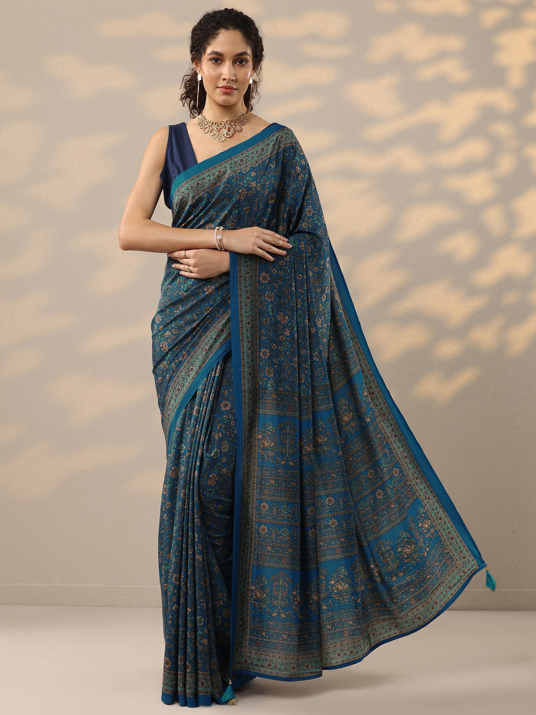  Blue Printed Silk Blend Saree With Unstitched Blouse Piece 
