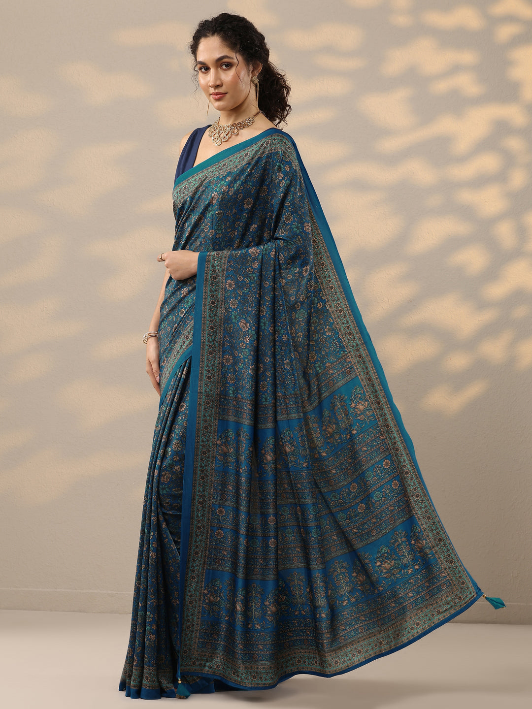  Blue Printed Silk Blend Saree With Unstitched Blouse Piece 