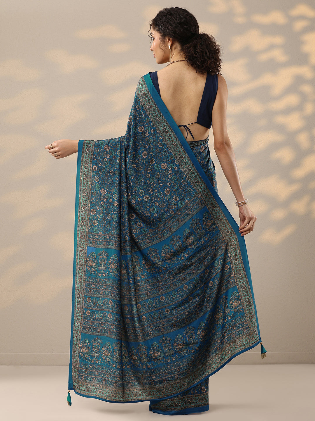 Blue Printed Silk Blend Saree With Unstitched Blouse Piece 
