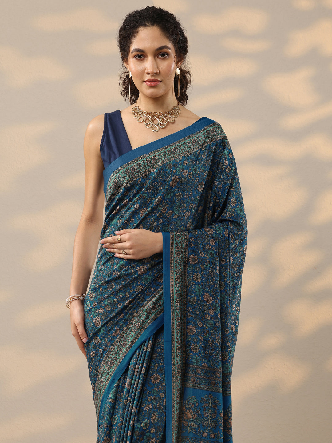  Blue Printed Silk Blend Saree With Unstitched Blouse Piece 