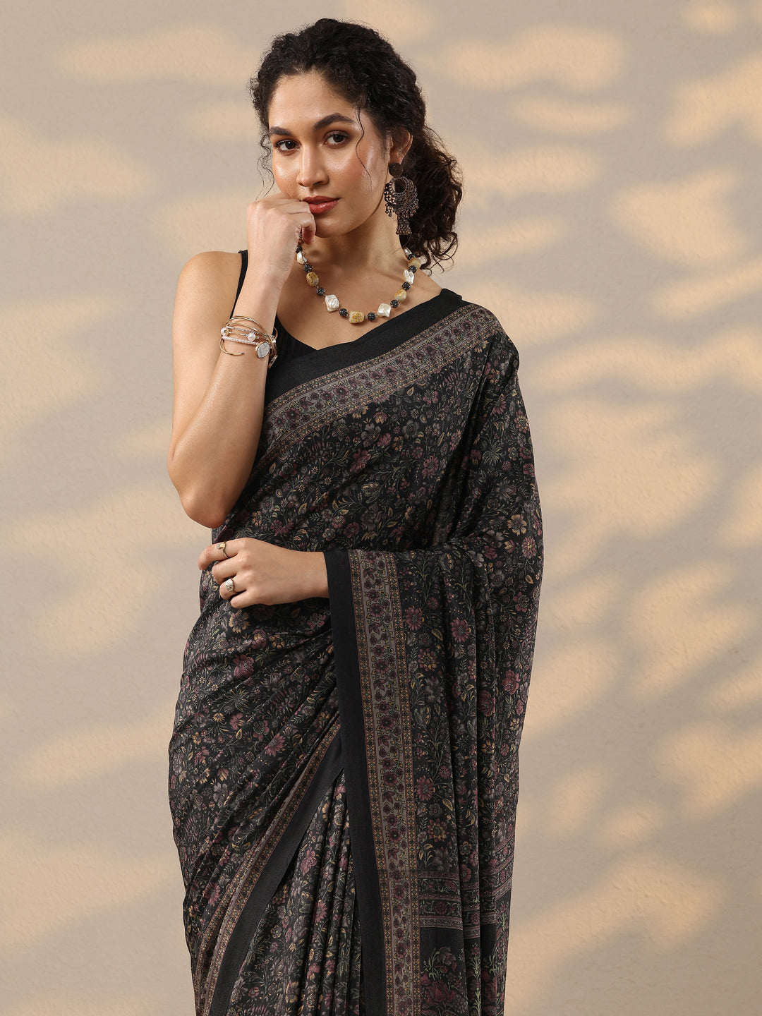  Black Printed Silk Blend Saree With Unstitched Blouse Piece 