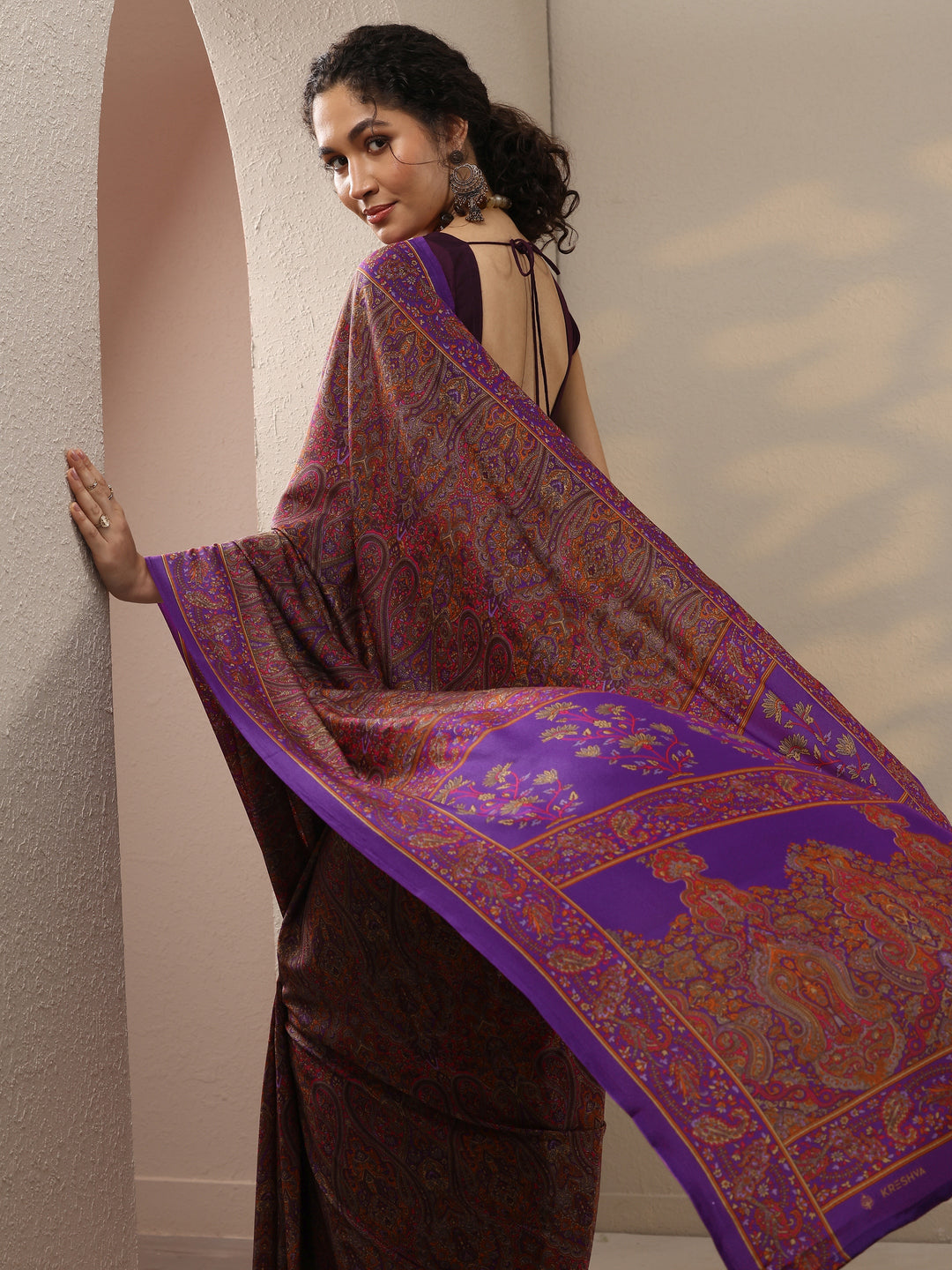  Purple Printed Silk Blend Saree With Unstitched Blouse Piece 