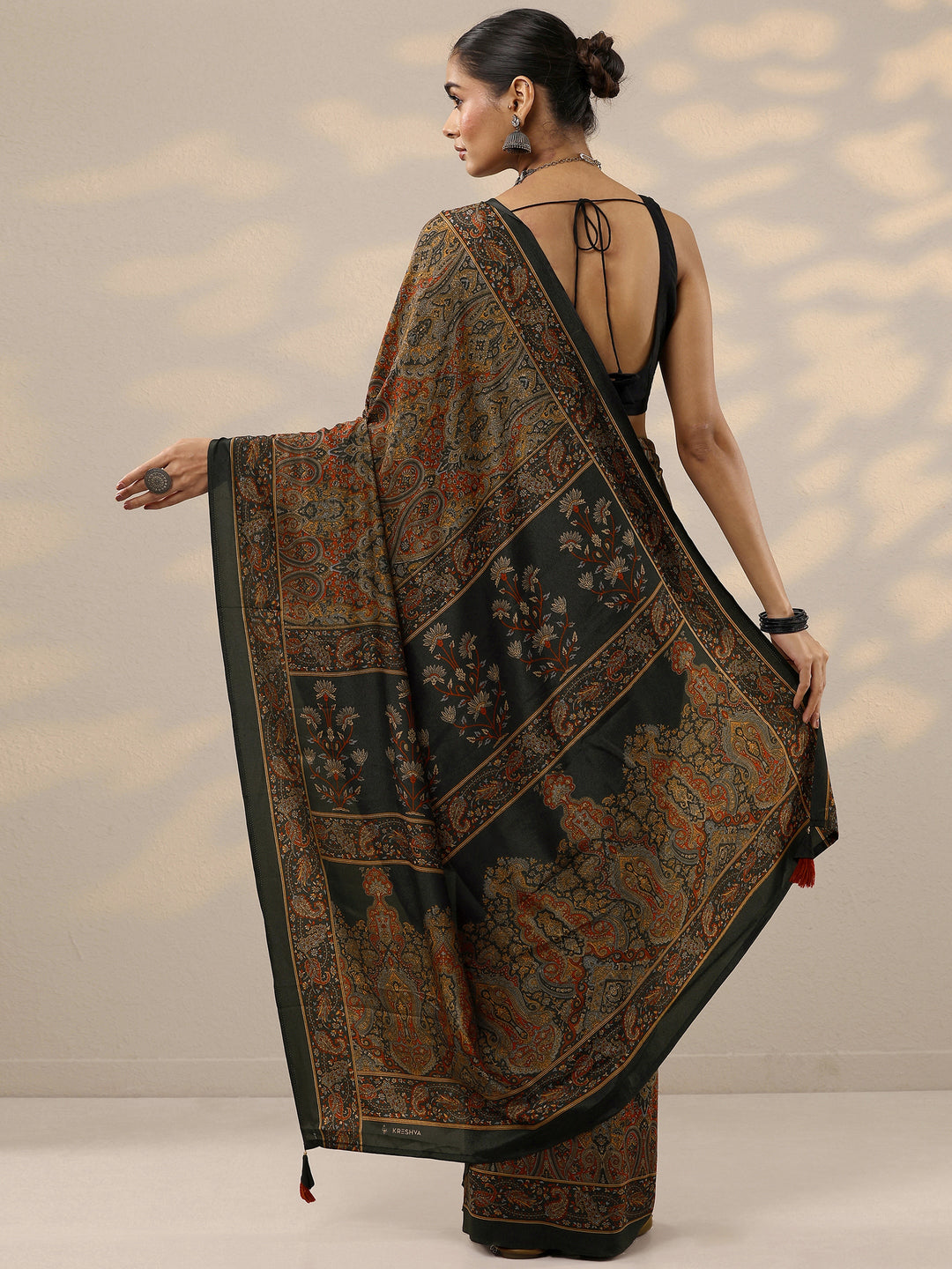  Black Printed Silk Blend Saree With Unstitched Blouse Piece 