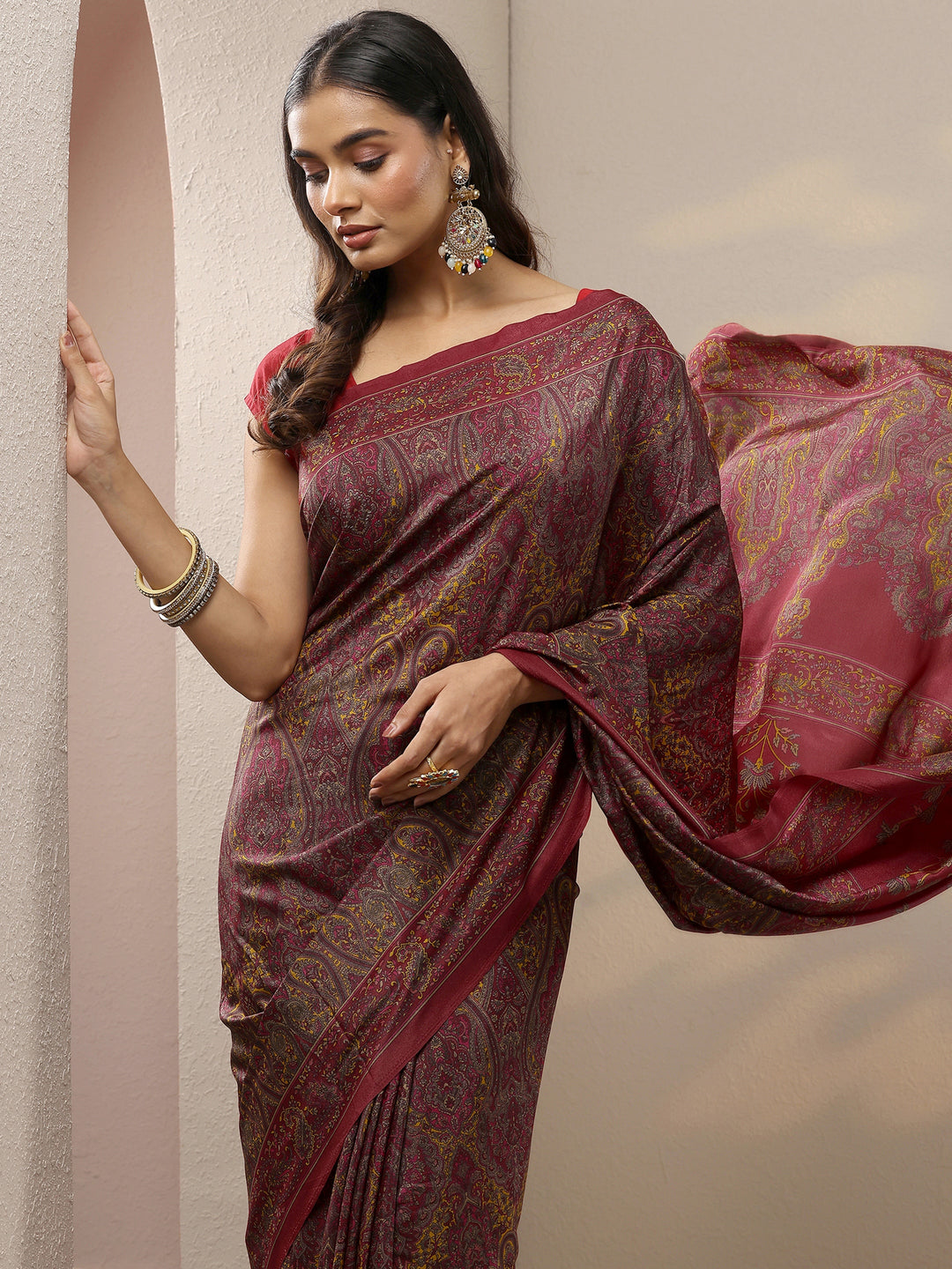  Red Printed Silk Blend Saree With Unstitched Blouse Piece 