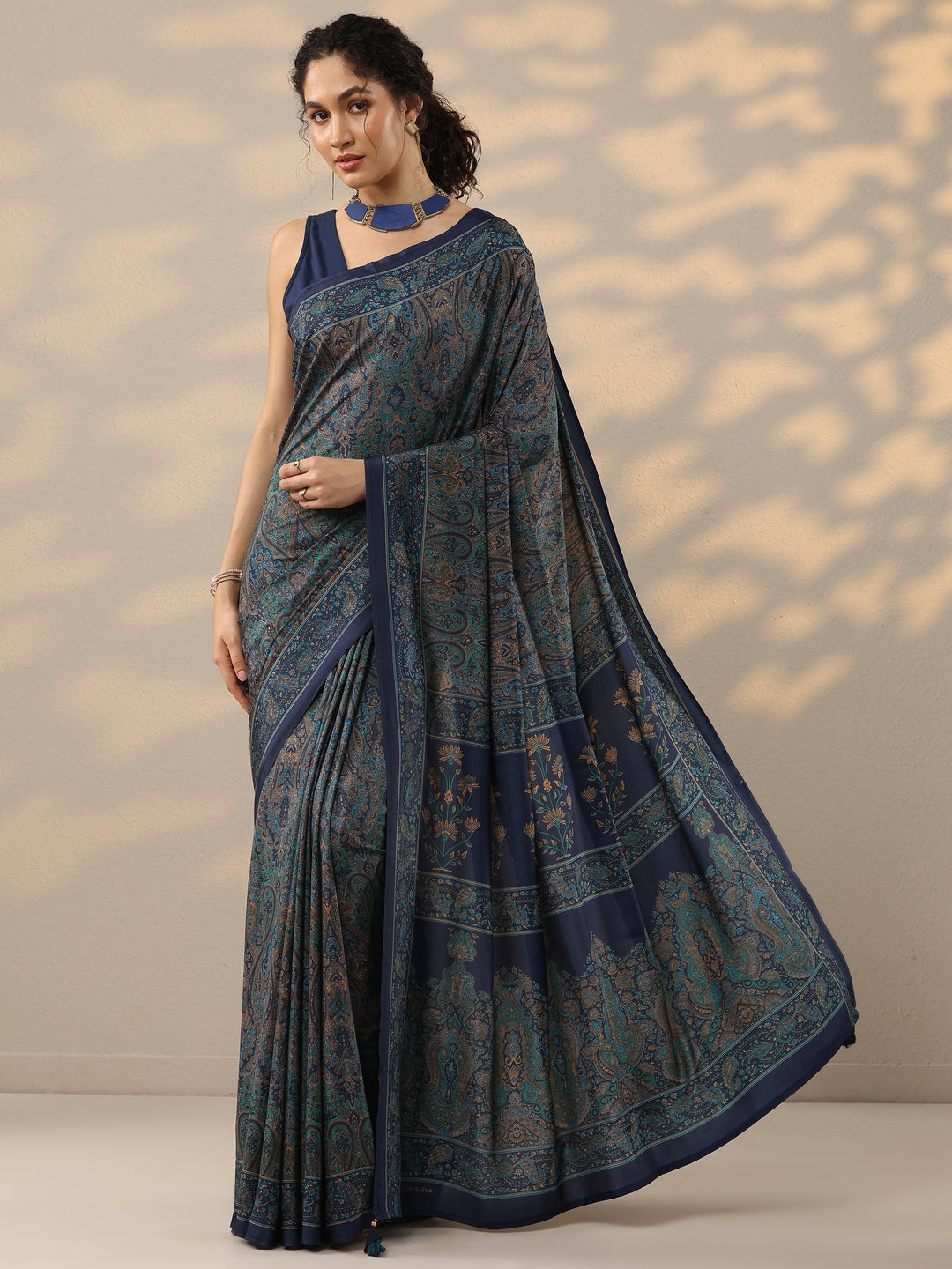 Blue Printed Silk Blend Saree With Unstitched Blouse Piece 