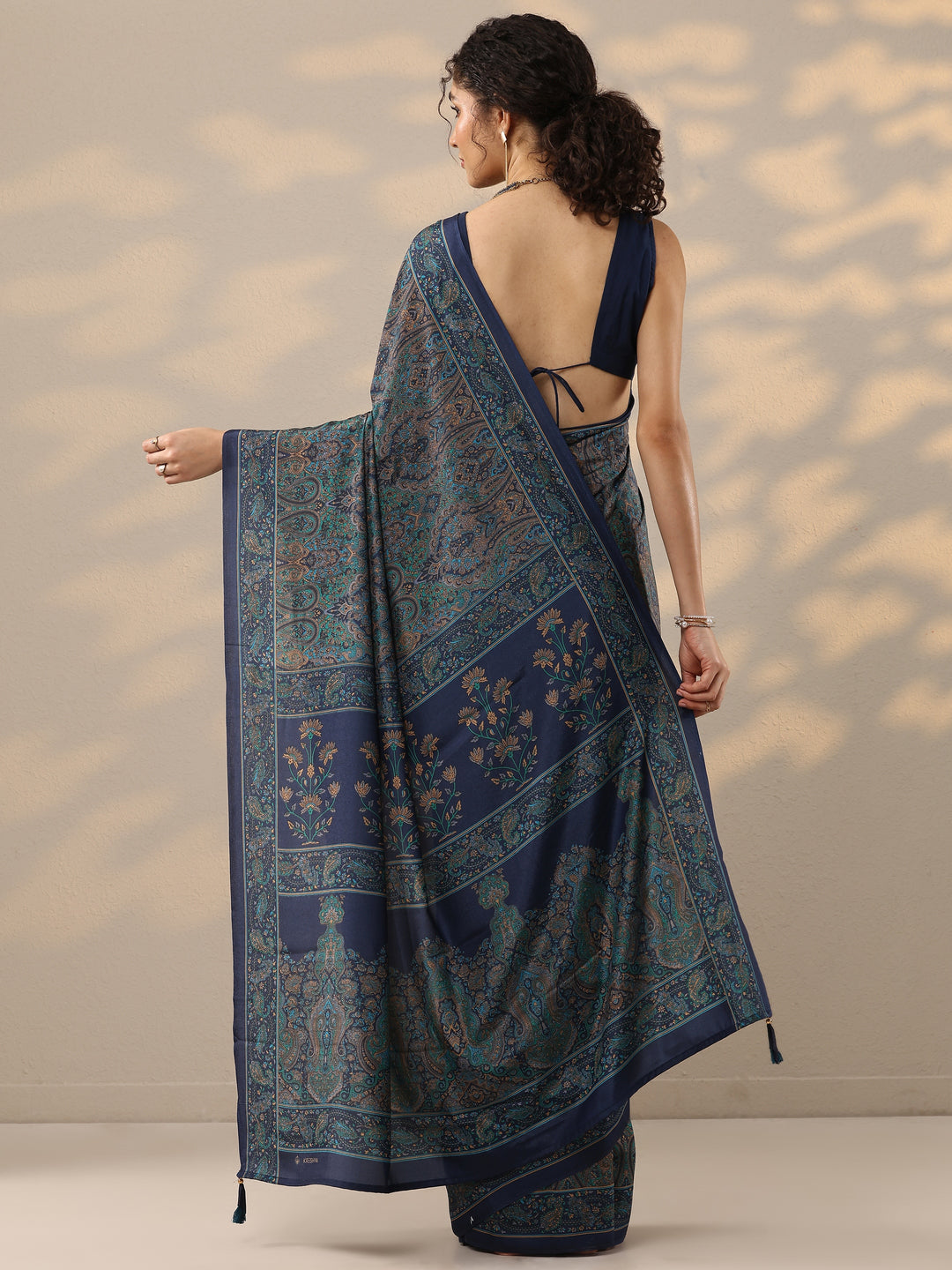  Blue Printed Silk Blend Saree With Unstitched Blouse Piece 