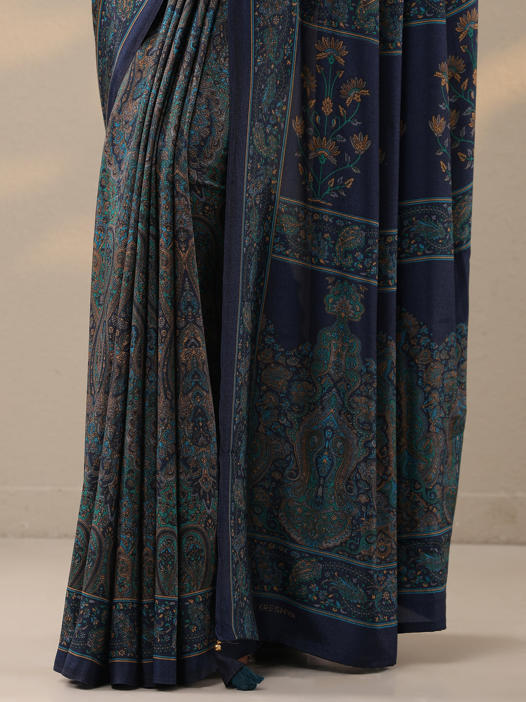  Blue Printed Silk Blend Saree With Unstitched Blouse Piece 
