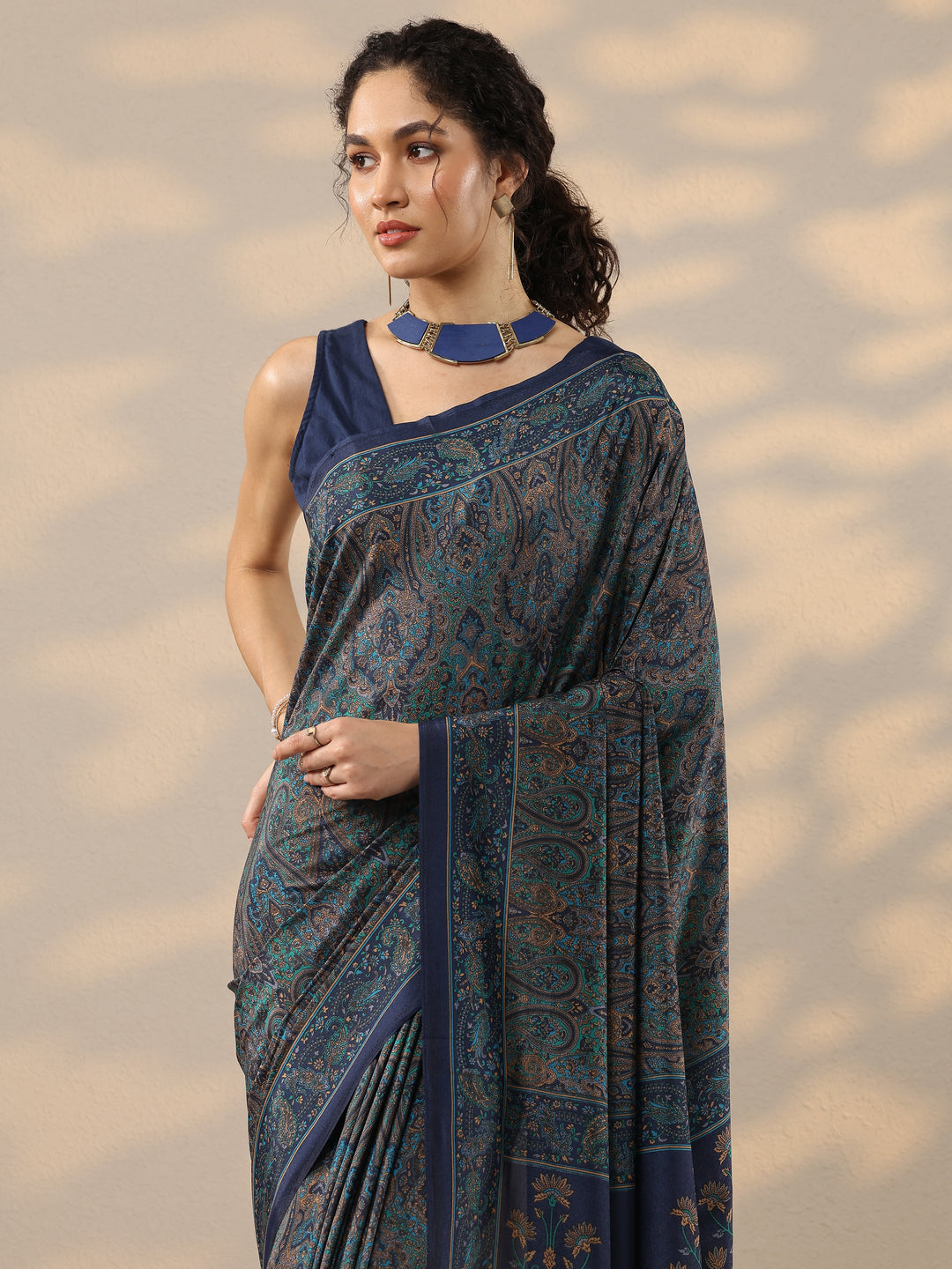  Blue Printed Silk Blend Saree With Unstitched Blouse Piece 