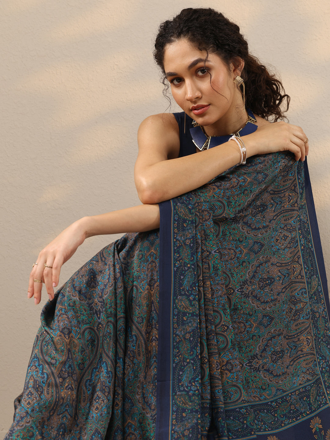  Blue Printed Silk Blend Saree With Unstitched Blouse Piece 