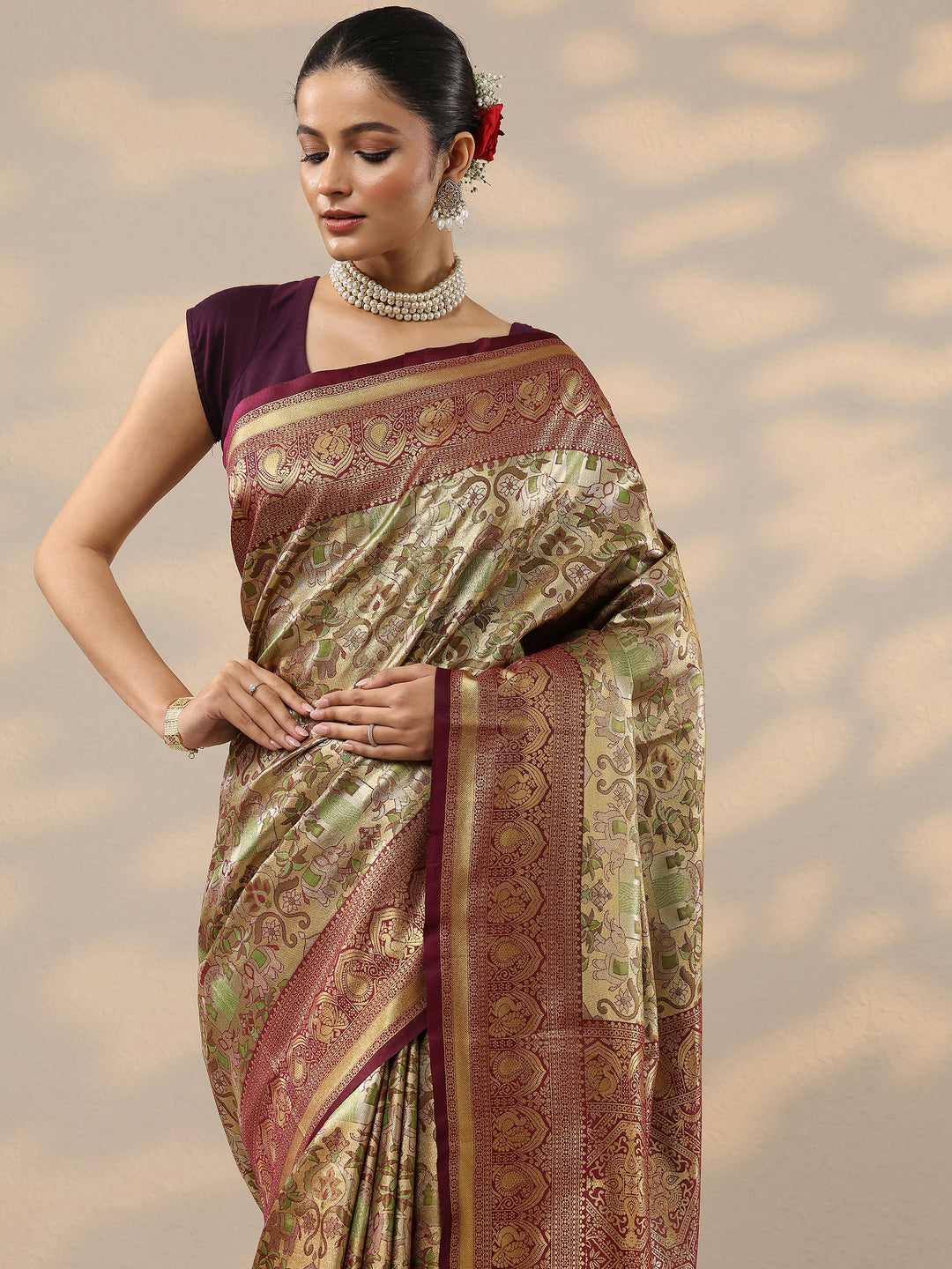  Gold Woven Design Silk Blend Saree With Unstitched Blouse Piece 