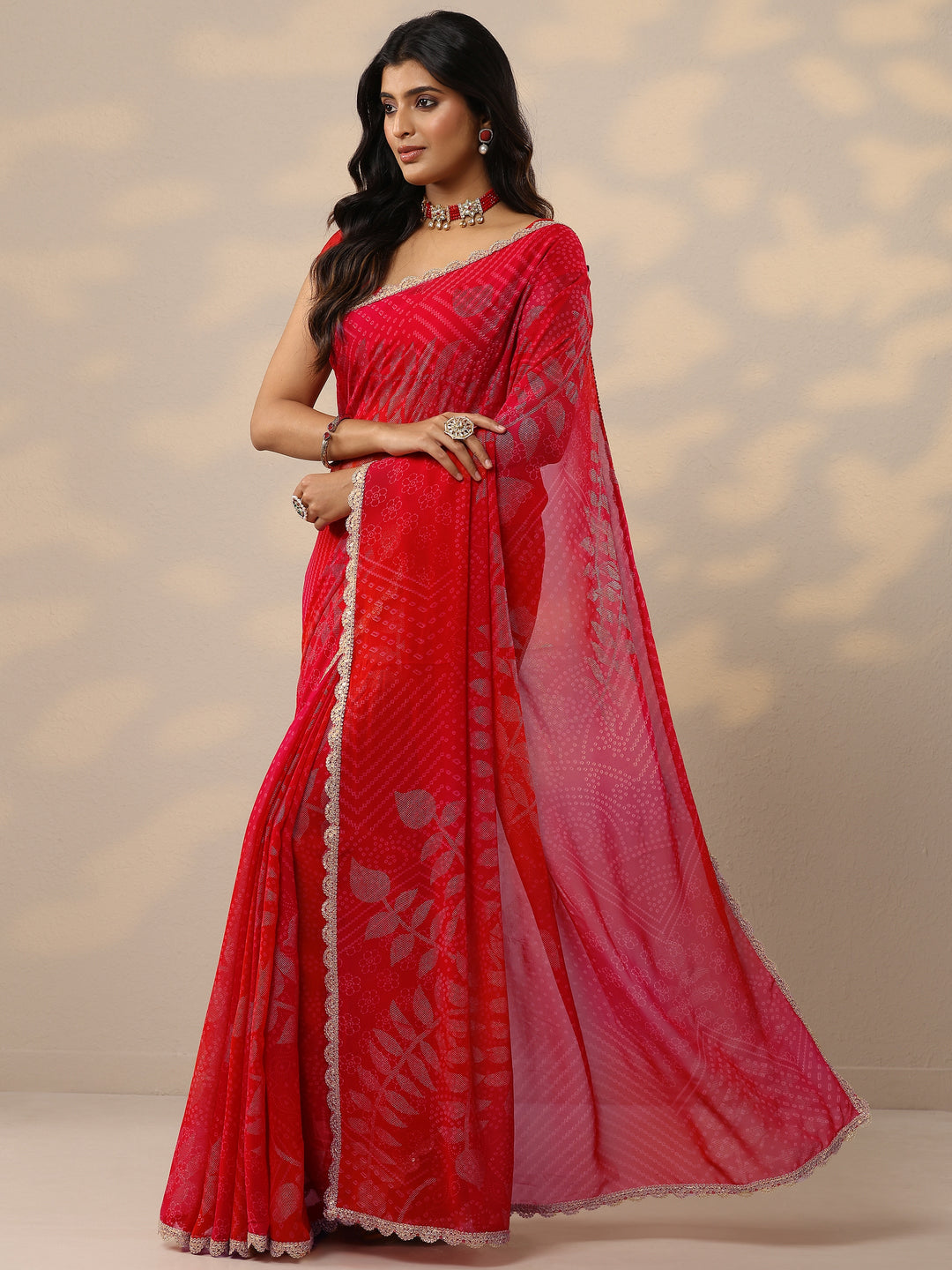 Red Bandhani Printed Georgette Sarees With Unstitched Blouse Piece 