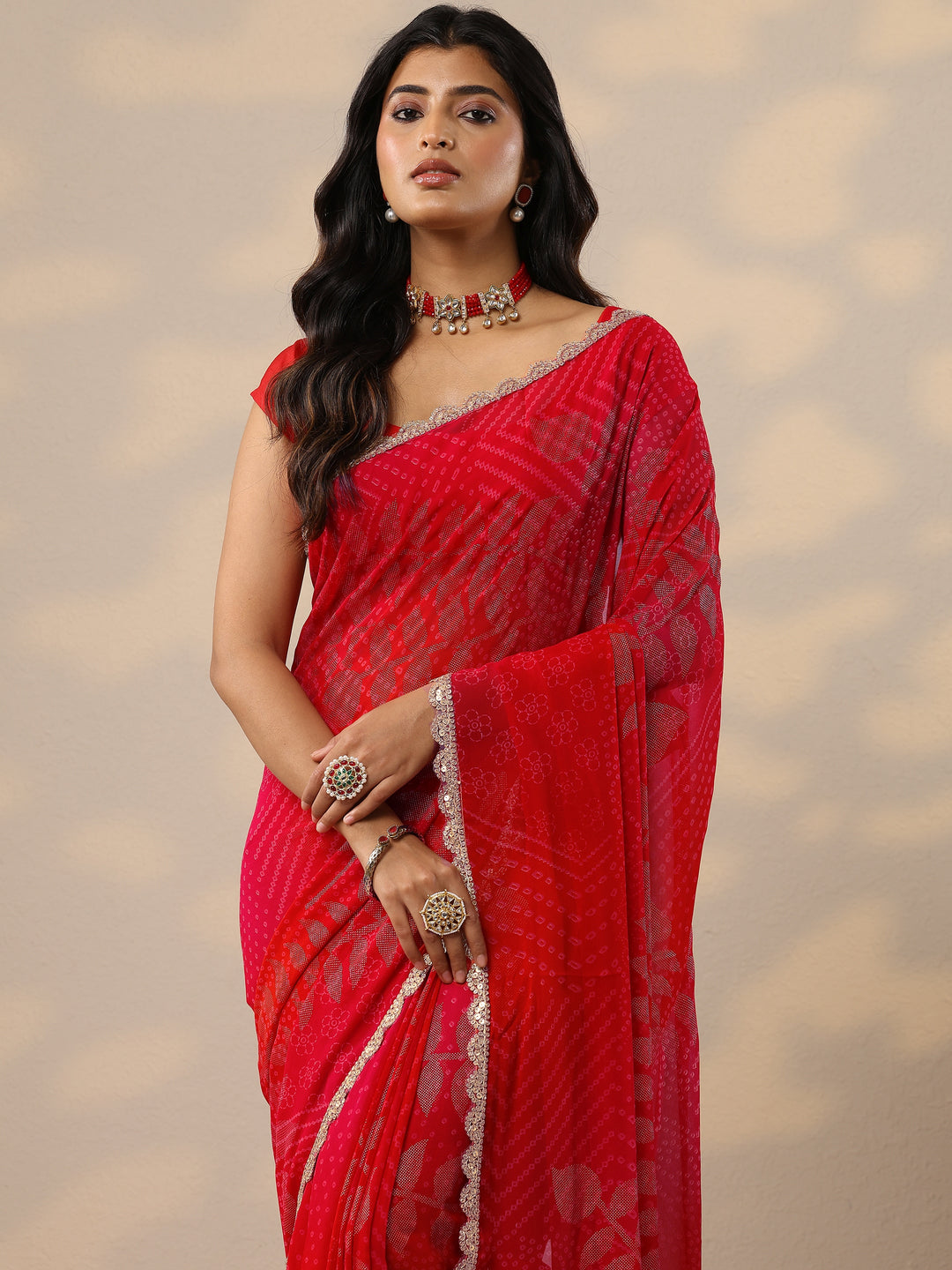  Red Bandhani Printed Georgette Sarees With Unstitched Blouse Piece 