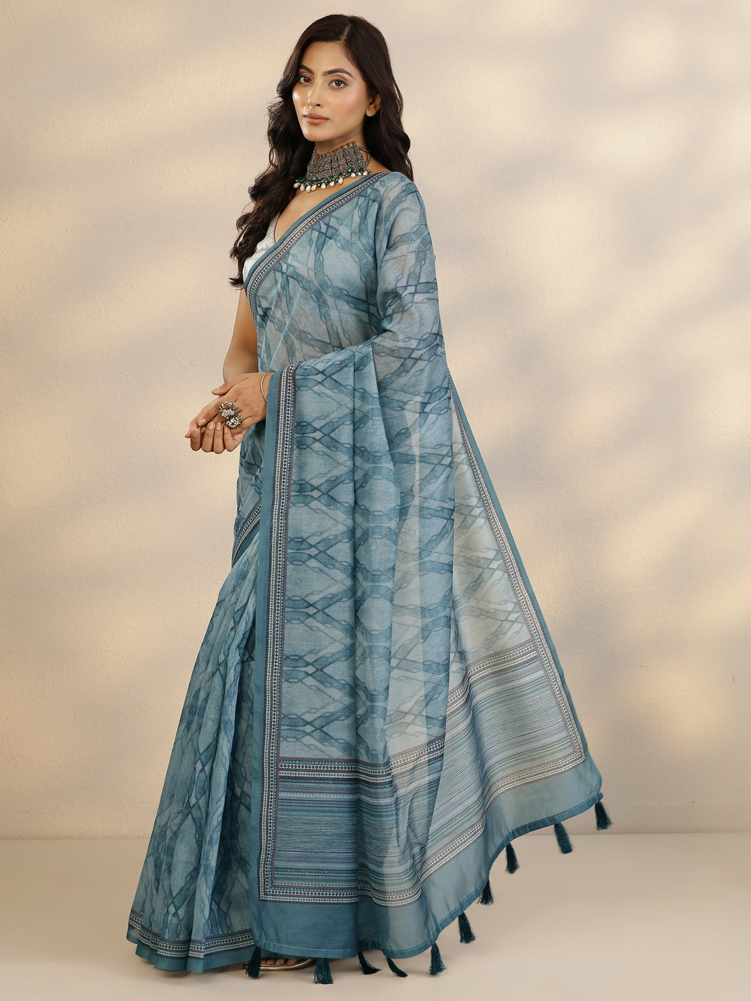  Blue Printed Silk Blend Saree With Unstitched Blouse Picece 