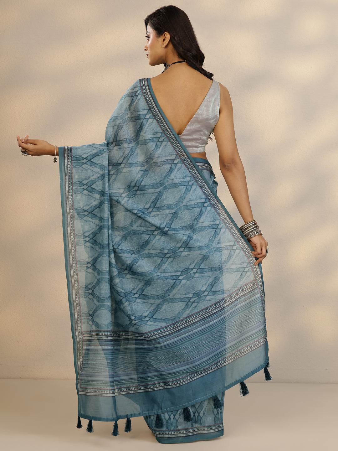  Blue Printed Silk Blend Saree With Unstitched Blouse Picece 