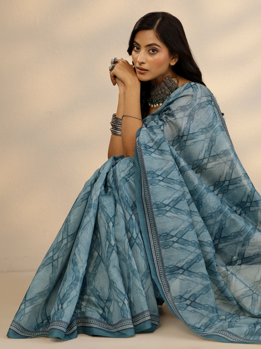  Blue Printed Silk Blend Saree With Unstitched Blouse Picece 