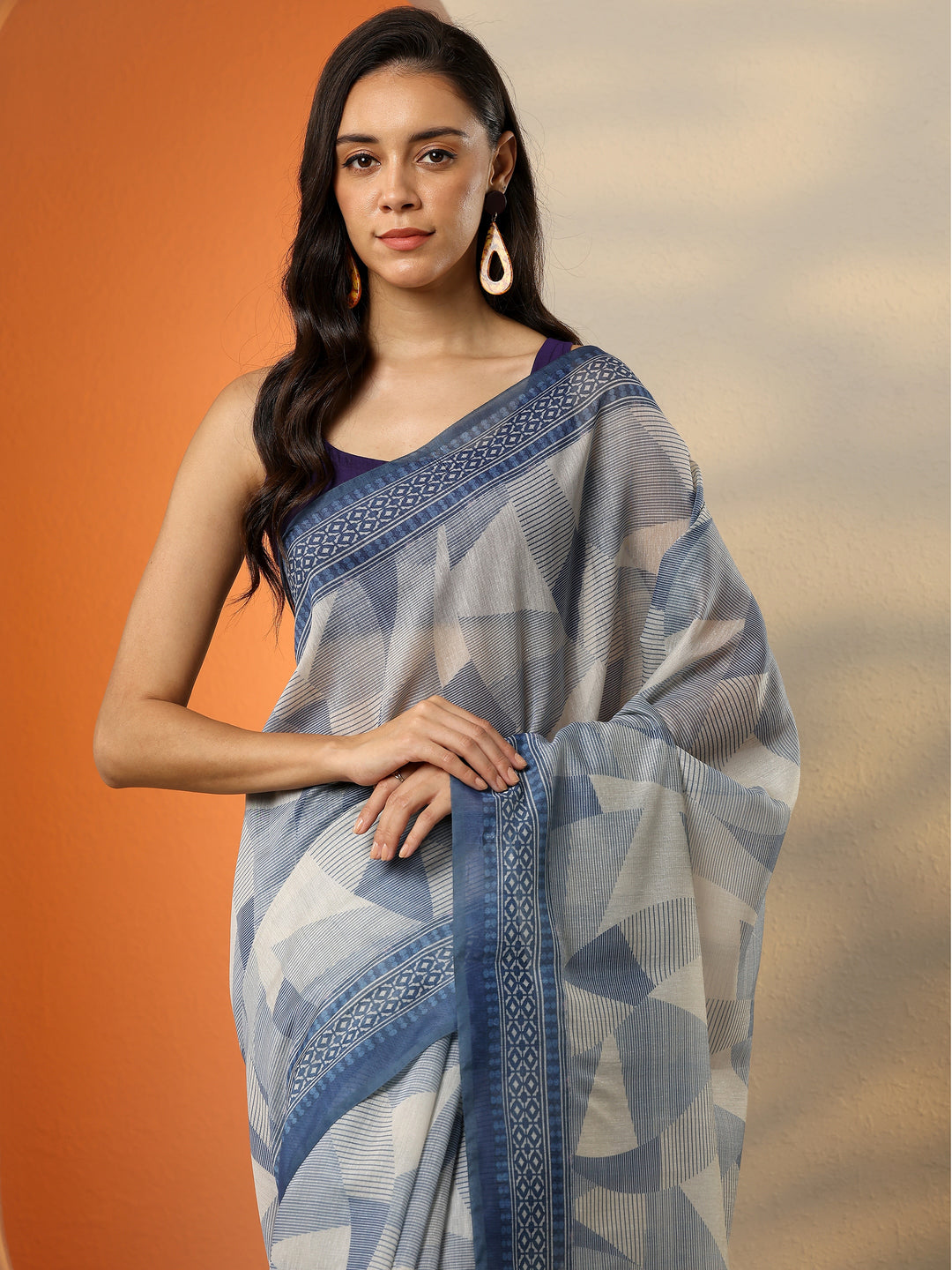  Blue Printed Silk Blend Saree With Unstitched Blouse Piece 
