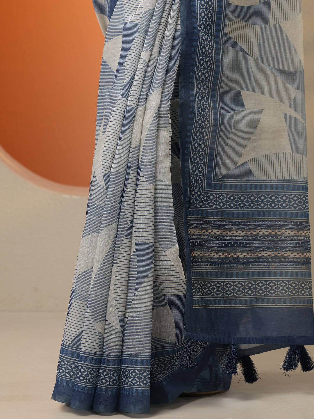  Blue Printed Silk Blend Saree With Unstitched Blouse Piece 