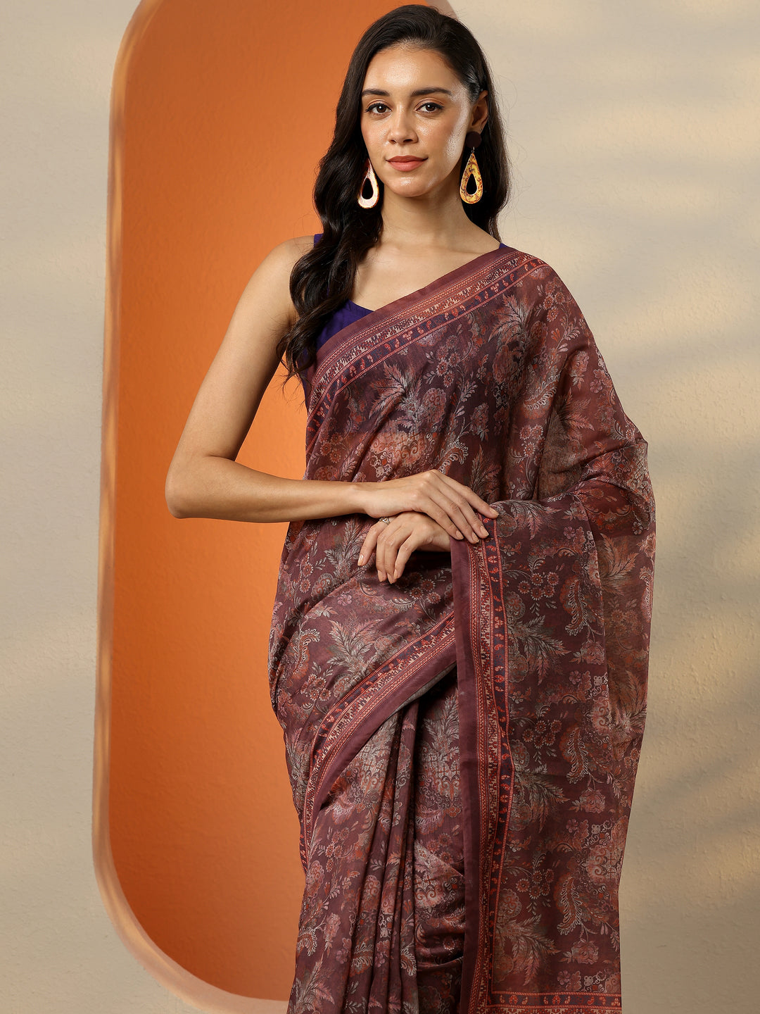  Brown Printed Silk Blend Saree With Unstitched Blouse Piece 