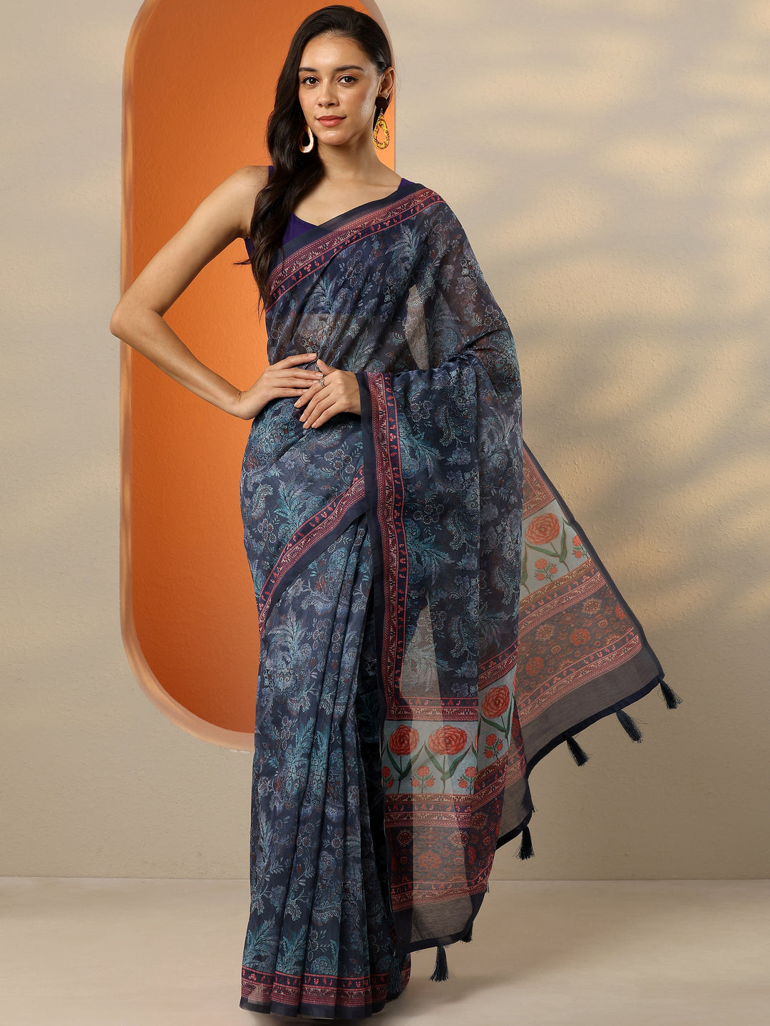  Blue Printed Silk Blend Saree With Unstitched Blouse Piece 