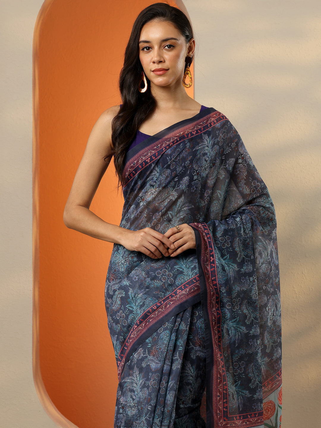  Blue Printed Silk Blend Saree With Unstitched Blouse Piece 