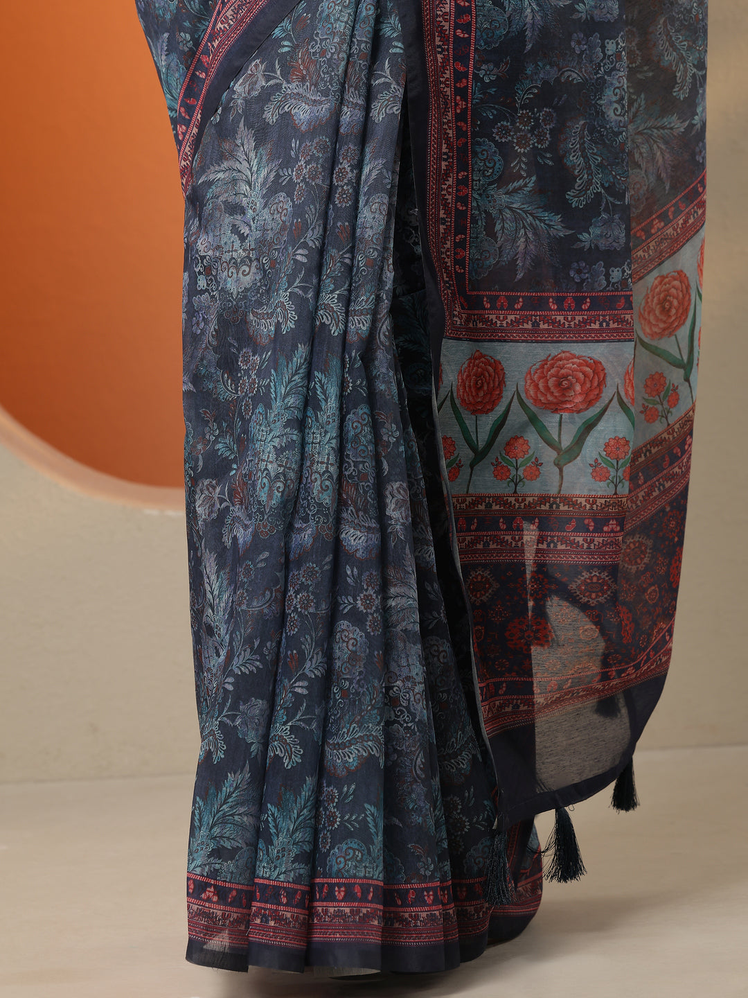  Blue Printed Silk Blend Saree With Unstitched Blouse Piece 