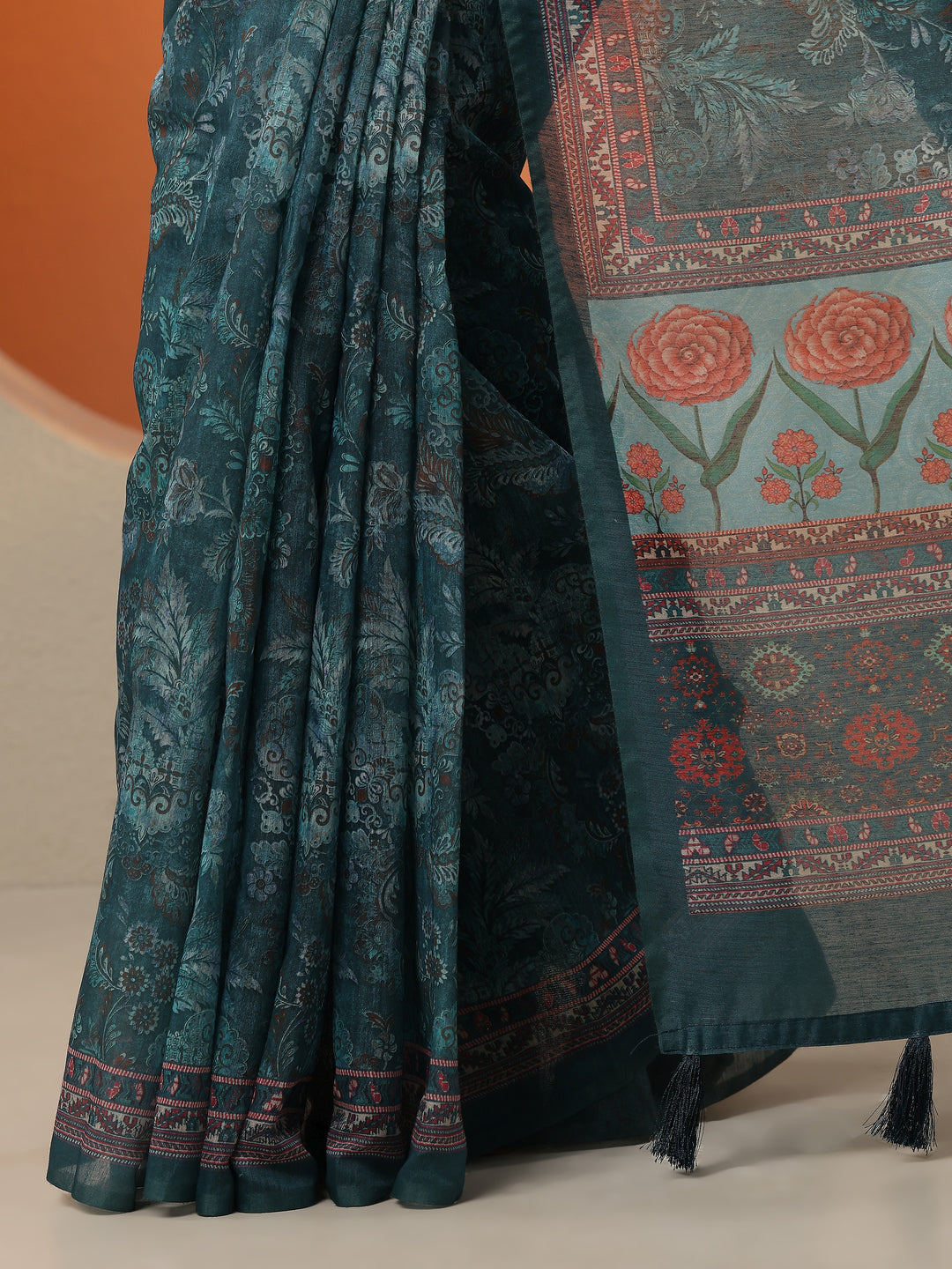  Green Printed Silk Blend Saree With Unstitched Blouse Piece 