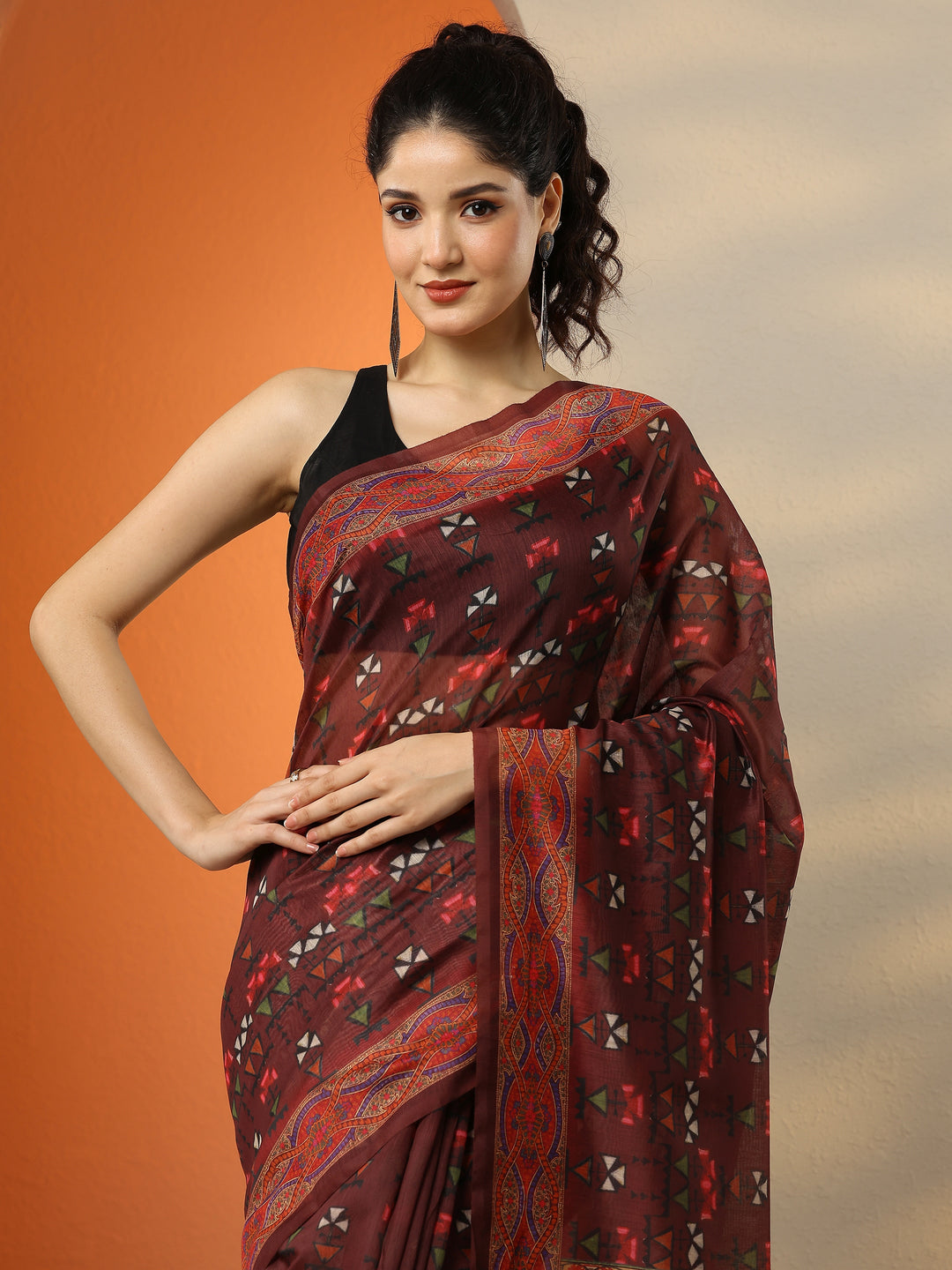  Brown Printed Silk Blend Saree With Unstitched Blouse Piece 