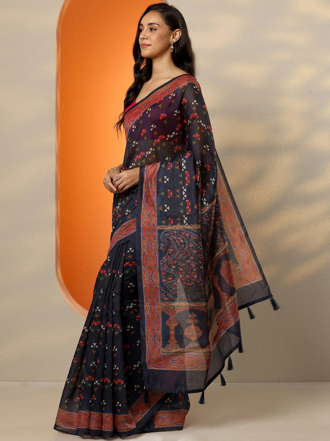  Navy Blue Printed Silk Blend Saree With Unstitched Blouse Piece 
