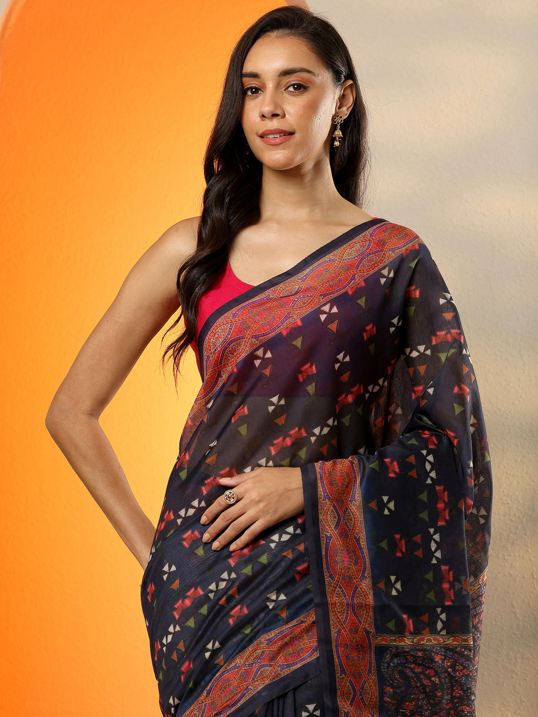  Navy Blue Printed Silk Blend Saree With Unstitched Blouse Piece 