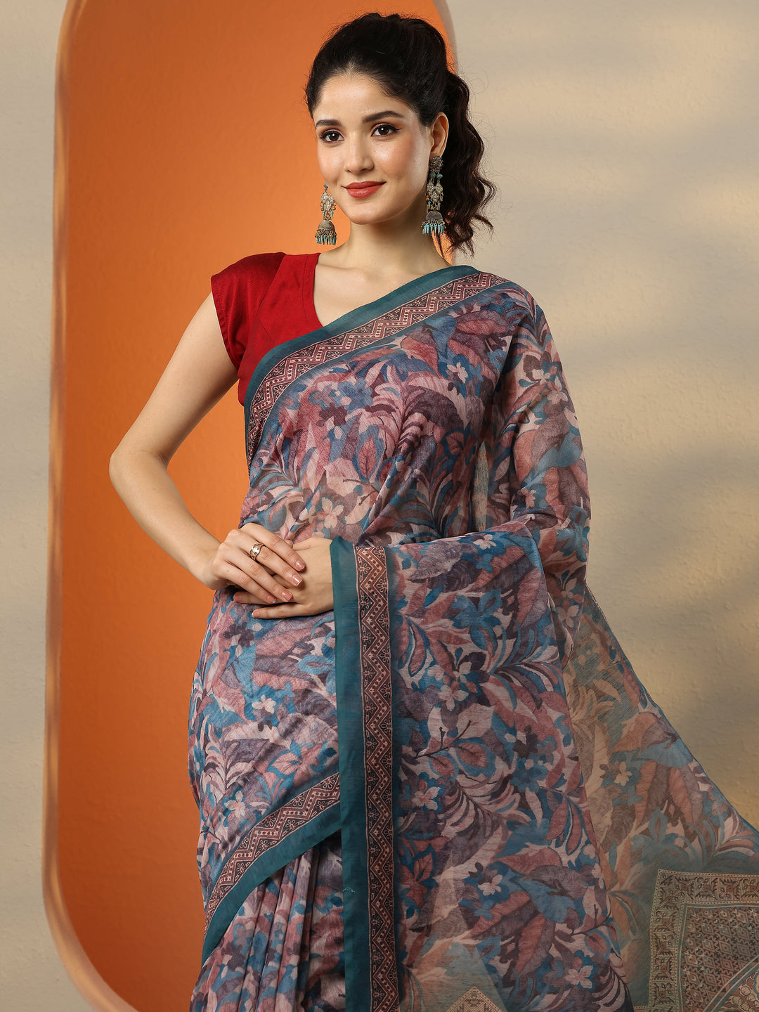 Multi Printed Silk Blend Saree With Unstitched Blouse Piece 