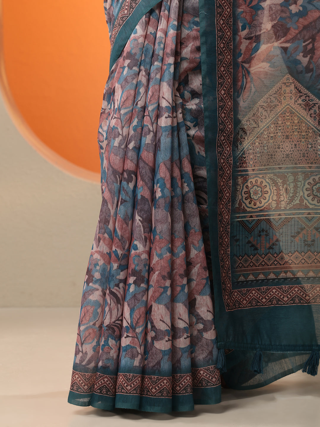  Multi Printed Silk Blend Saree With Unstitched Blouse Piece 