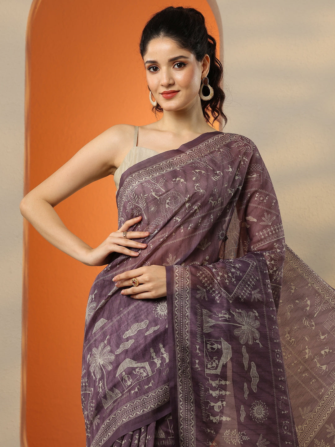  Purple Printed Silk Blend Saree With Unstitched Blouse Piece 