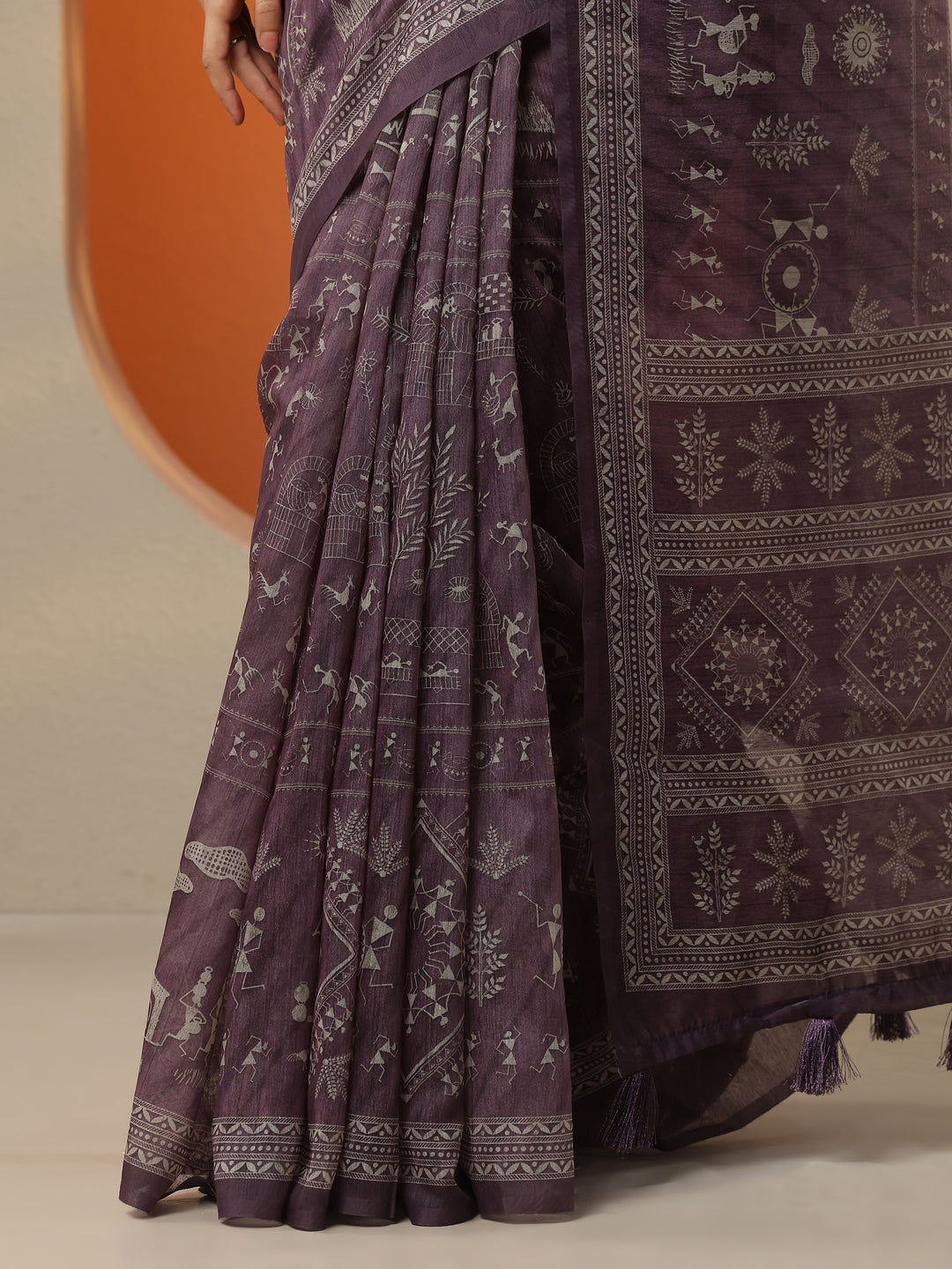  Purple Printed Silk Blend Saree With Unstitched Blouse Piece 