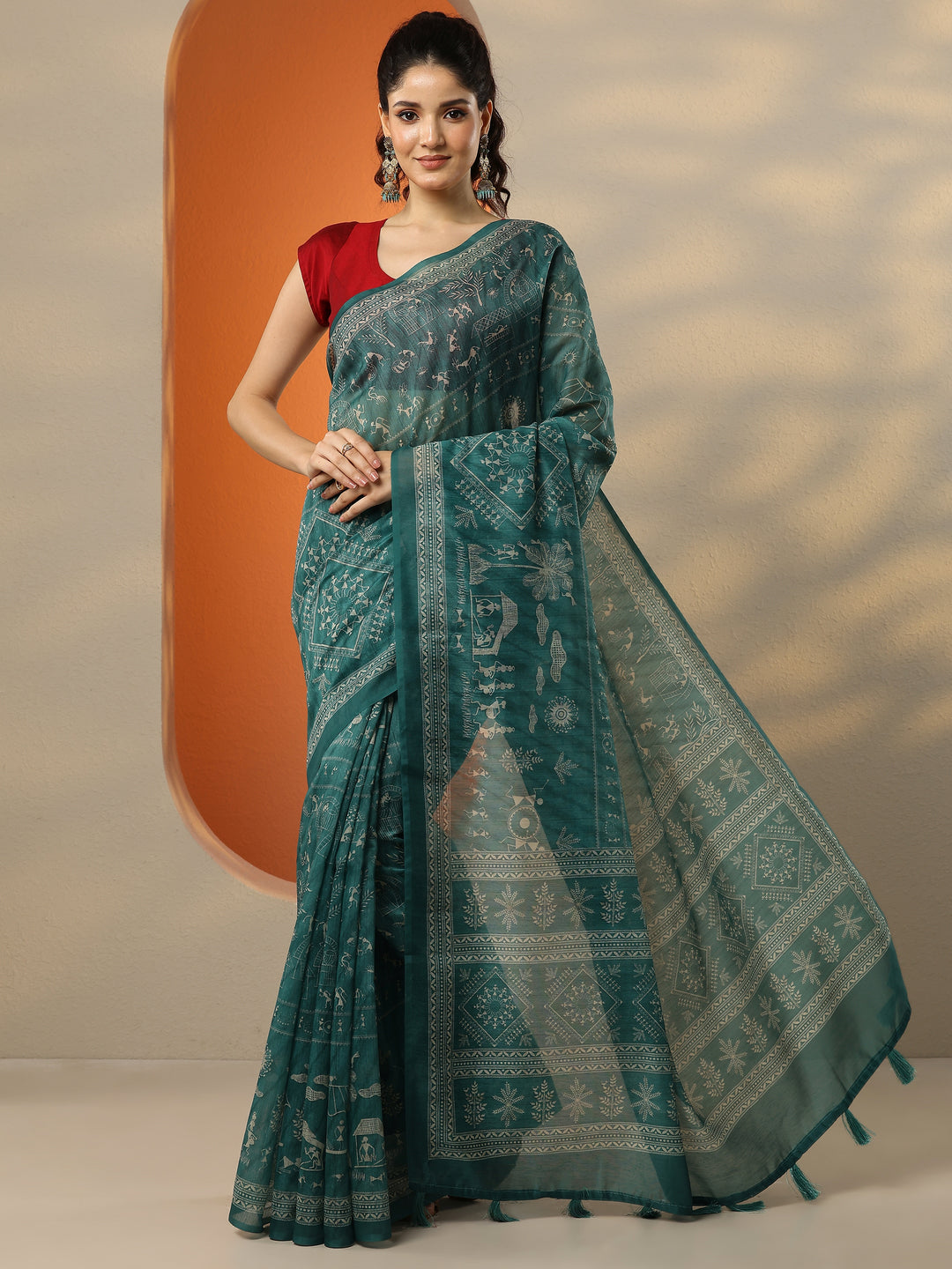  Green Printed Silk Blend Saree With Unstitched Blouse Picece 
