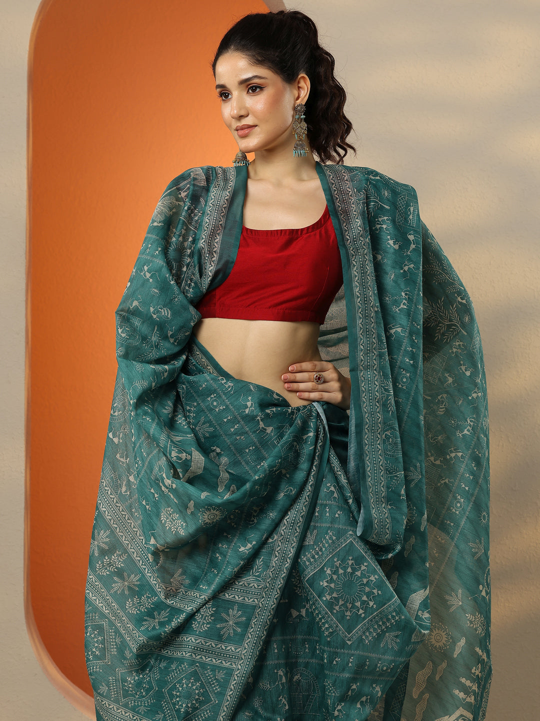Green Printed Silk Blend Saree With Unstitched Blouse Picece