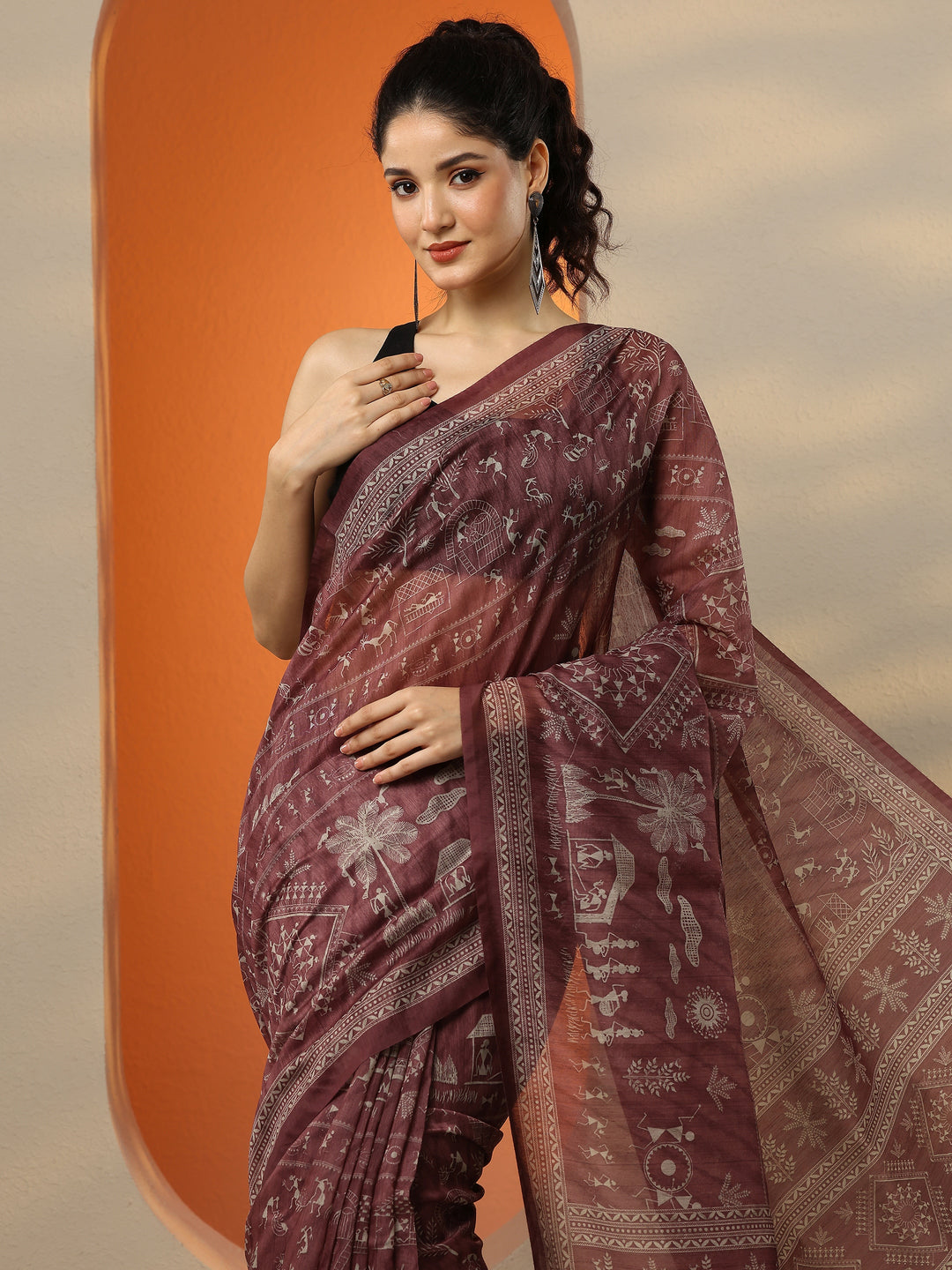  Brown Printed Silk Blend Saree With Unstitched Blouse Piece 