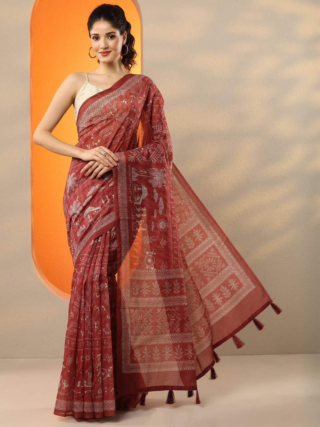  Red Printed Silk Blend Saree With Unstitched Blouse Picece 