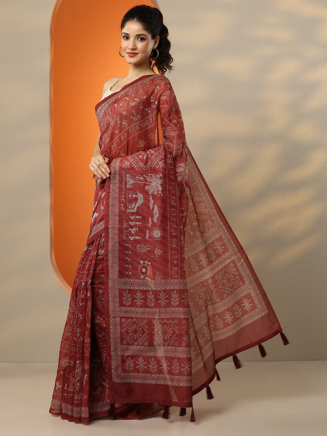  Red Printed Silk Blend Saree With Unstitched Blouse Picece 