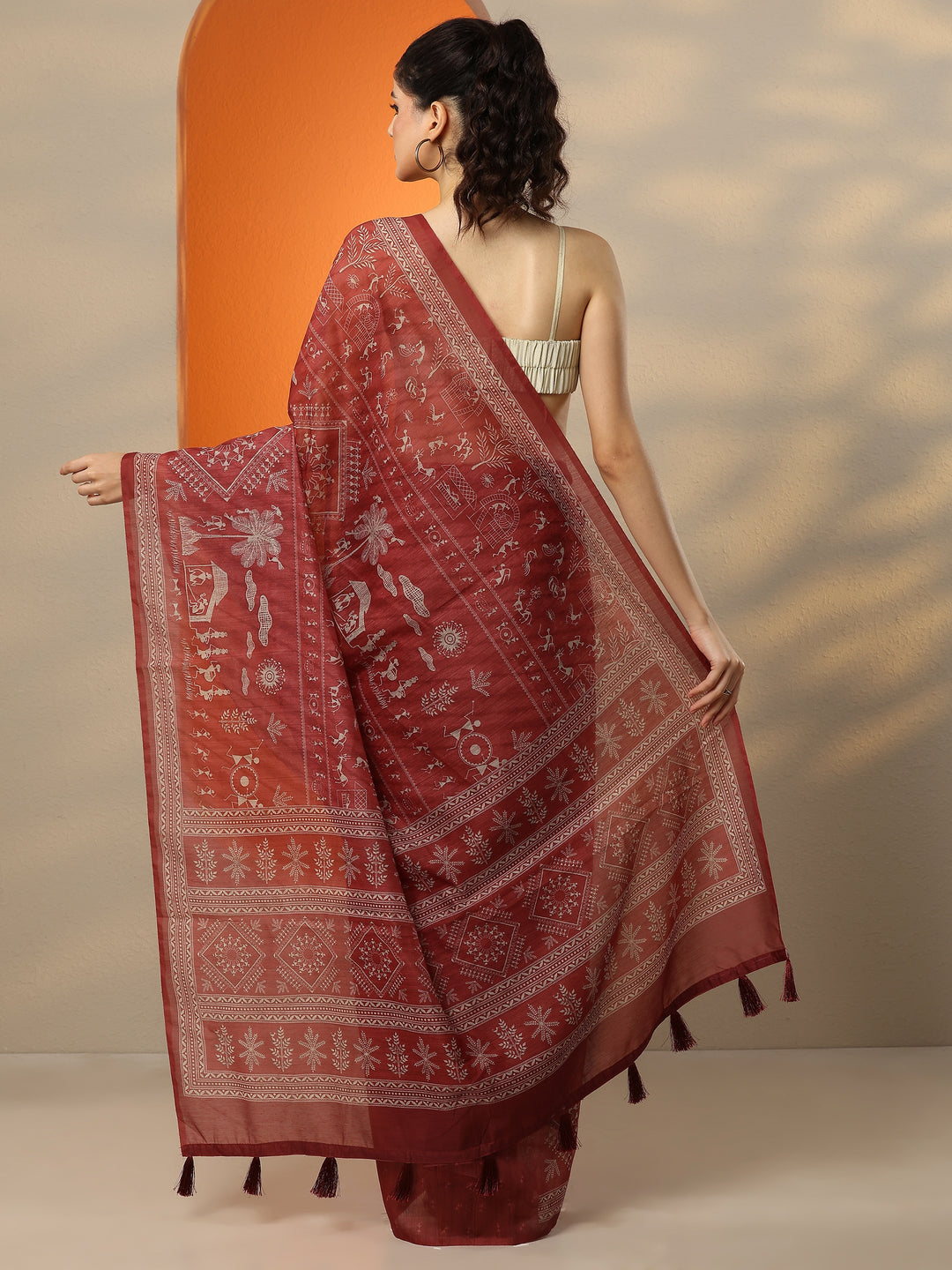  Red Printed Silk Blend Saree With Unstitched Blouse Picece 