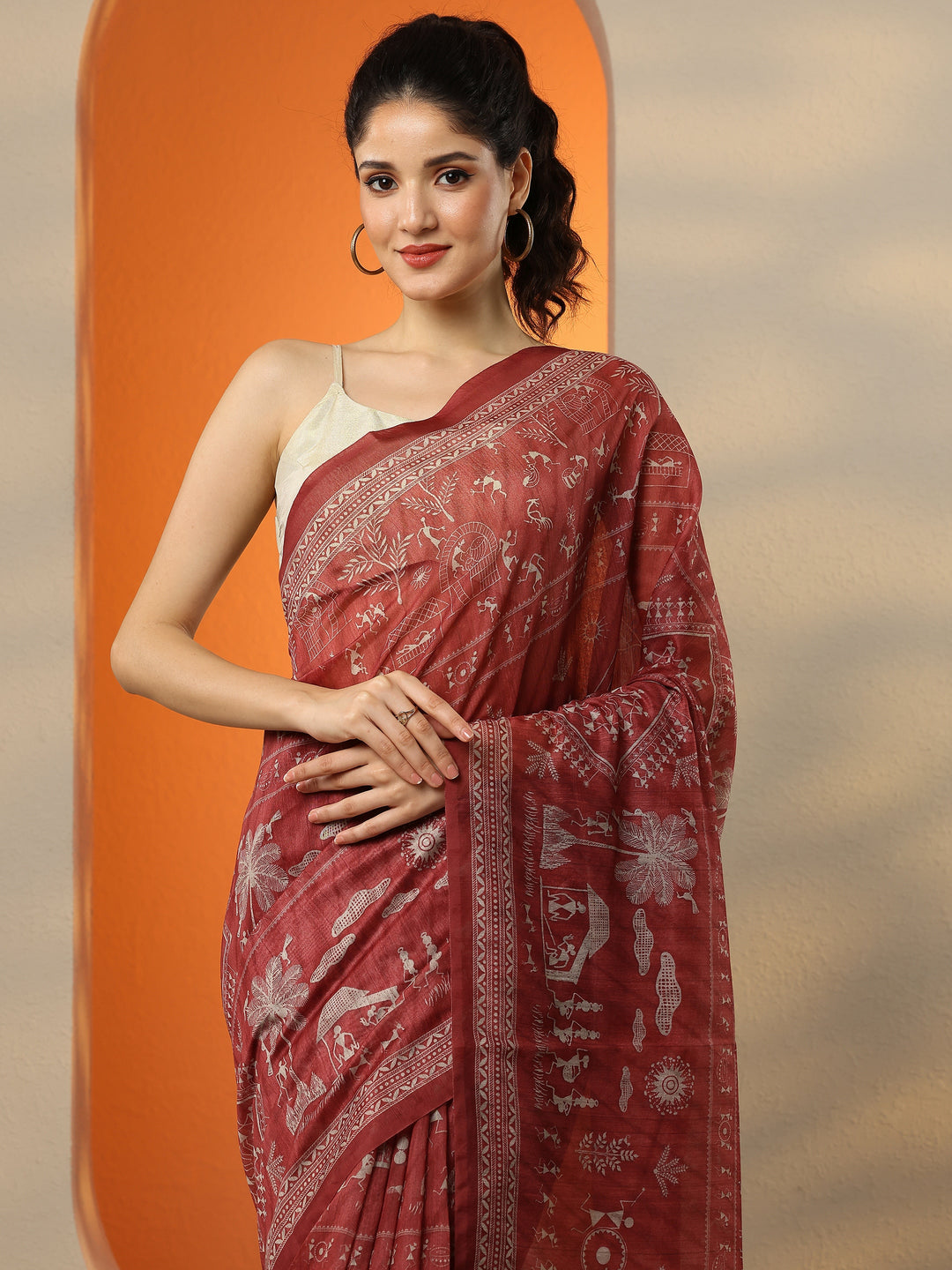  Red Printed Silk Blend Saree With Unstitched Blouse Picece 