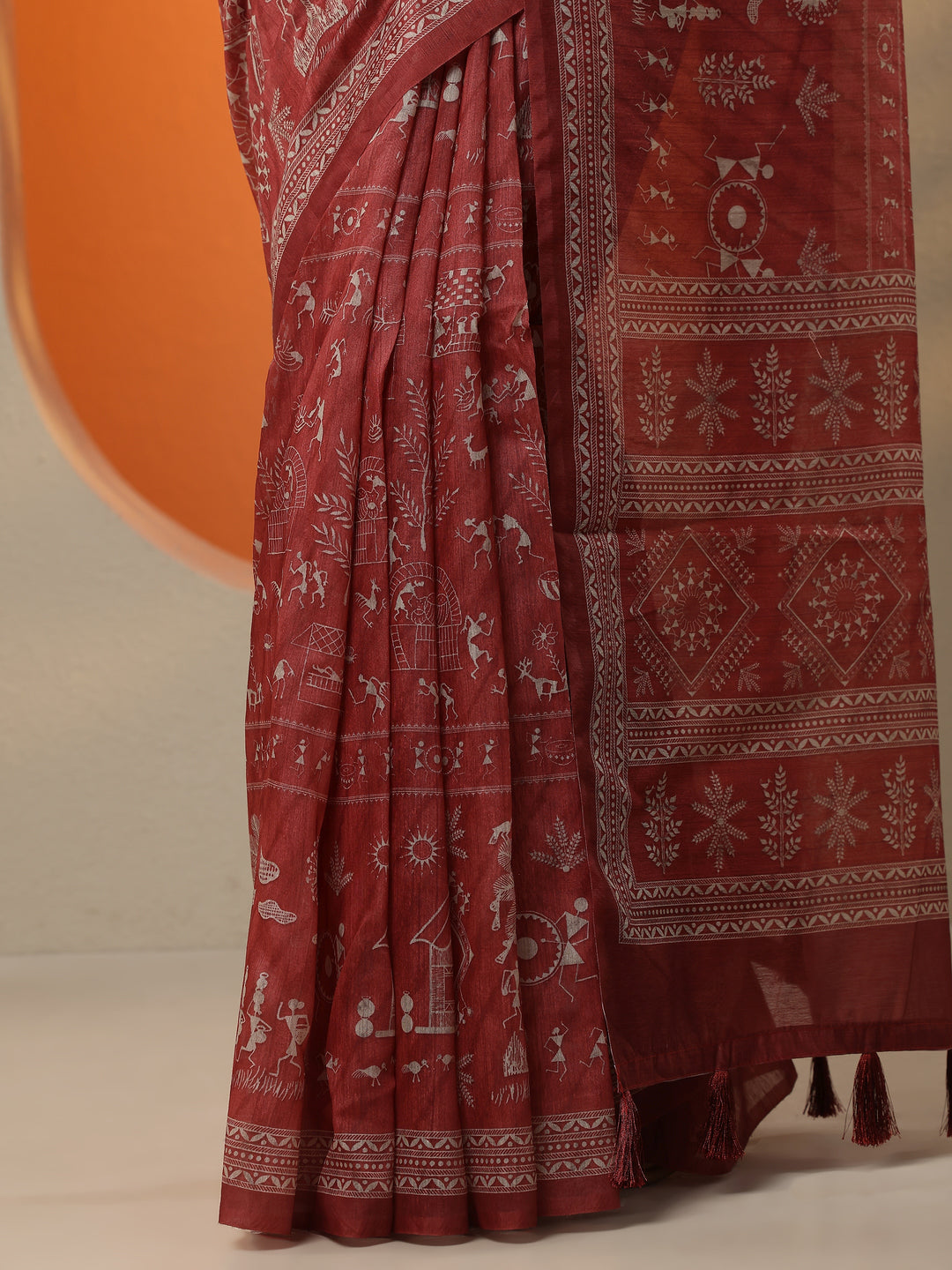  Red Printed Silk Blend Saree With Unstitched Blouse Picece 