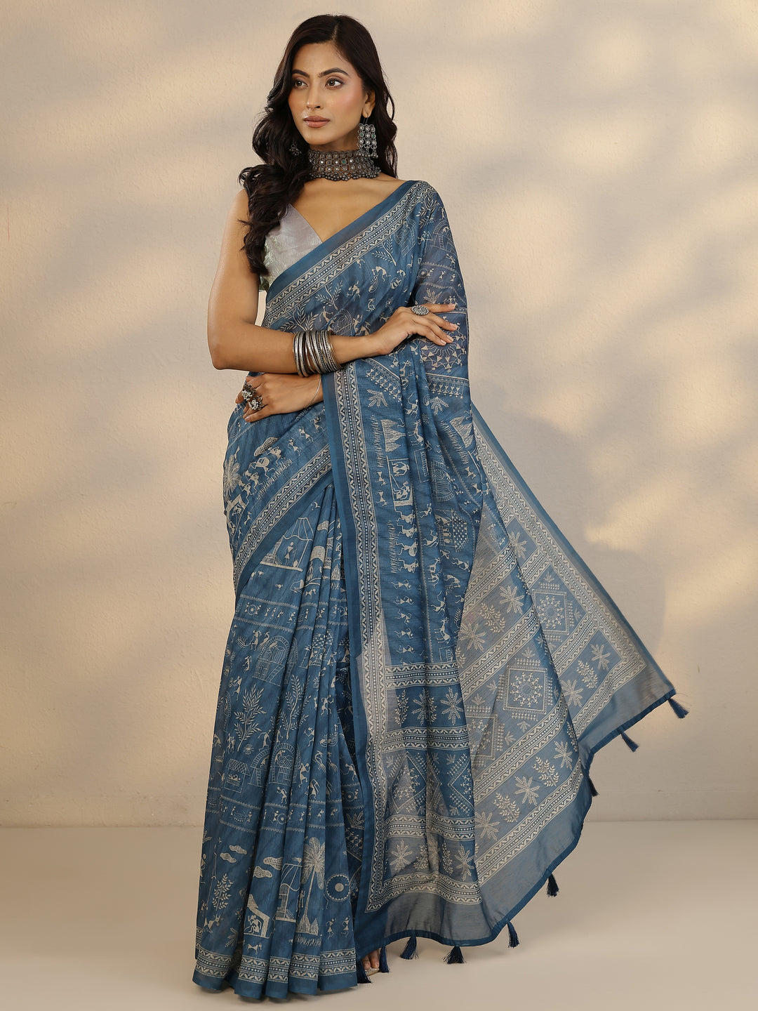  Blue Printed Silk Blend Saree With Unstitched Blouse Picece 