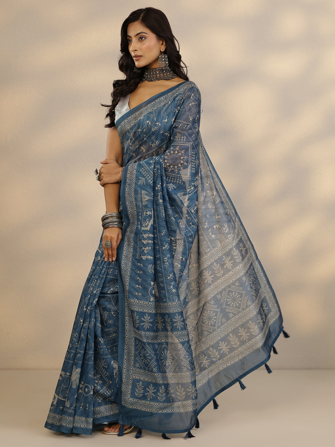  Blue Printed Silk Blend Saree With Unstitched Blouse Picece 