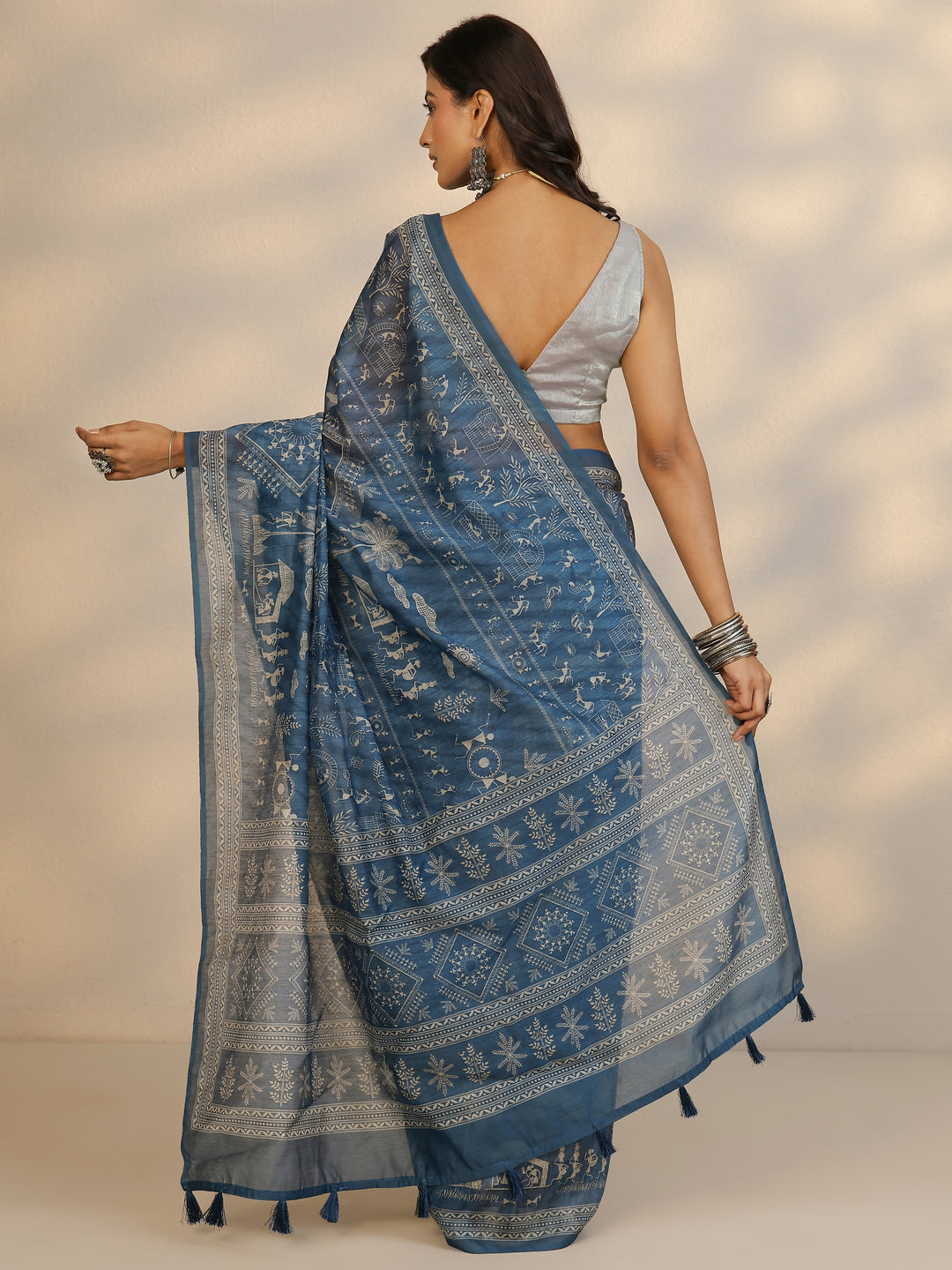  Blue Printed Silk Blend Saree With Unstitched Blouse Picece 