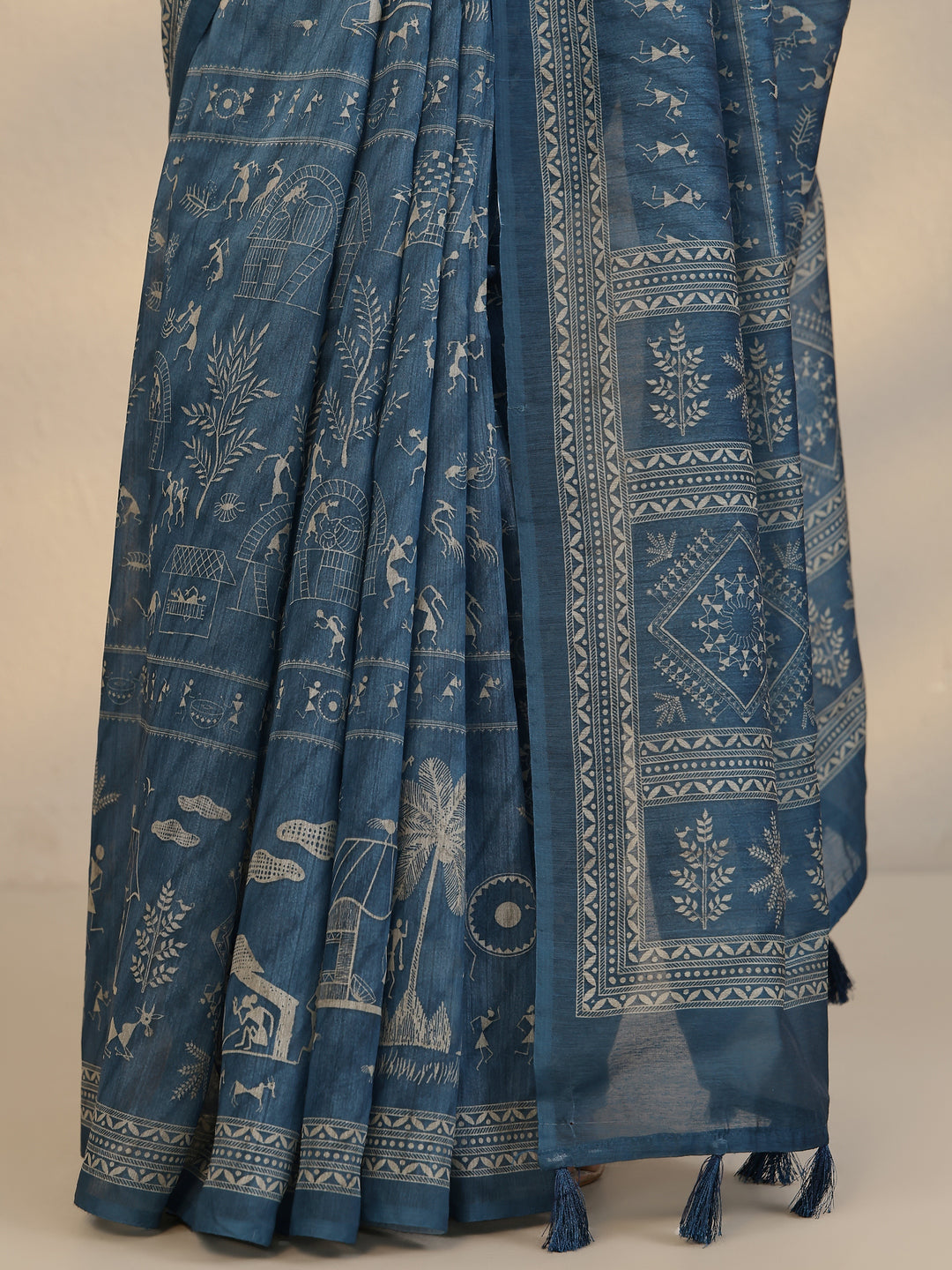  Blue Printed Silk Blend Saree With Unstitched Blouse Picece 