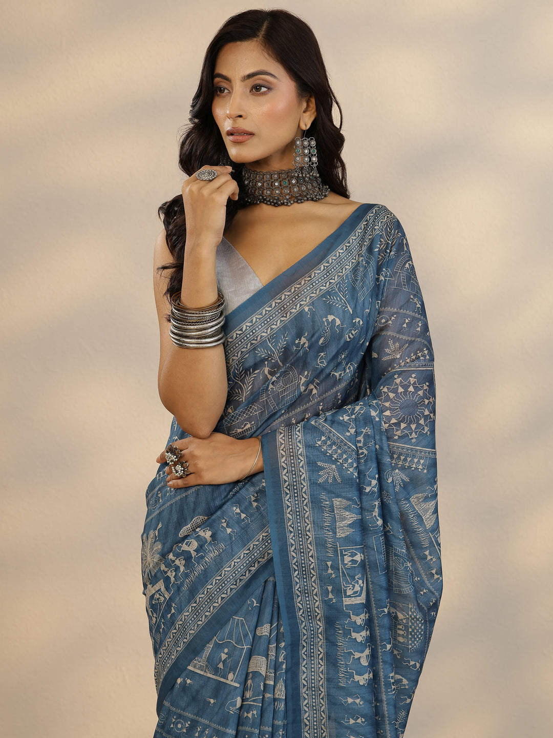 Blue Printed Silk Blend Saree With Unstitched Blouse Picece 