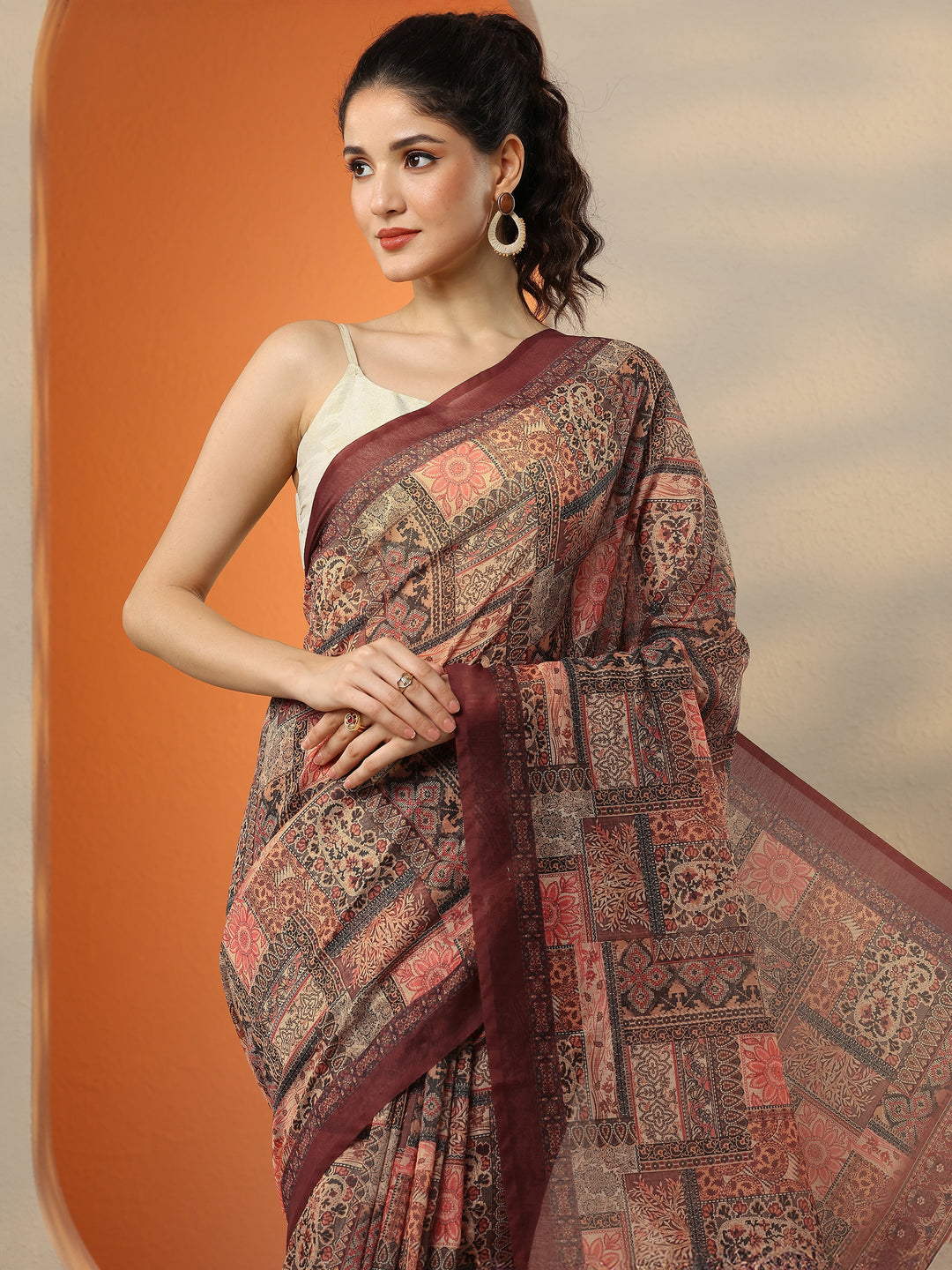  Brown Printed Silk Blend Saree With Unstitched Blouse Piece 